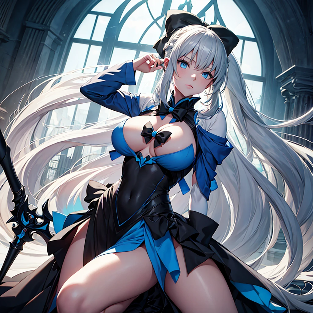(Enrich the picture,Masterpiece level quality)Beautiful 8K CG artwork,morgan le fay (fate), blue eyes, Long Hair, pony tail,Very long hair, big boob, black bow, looking at viewer, gown, Hair Bow, thights, thights, black dress, Bangs, side locks, French braid, grey hair,Goddess-like posture,Kneeling exercise,Slim and soft,Translucent skin,(((solo))),