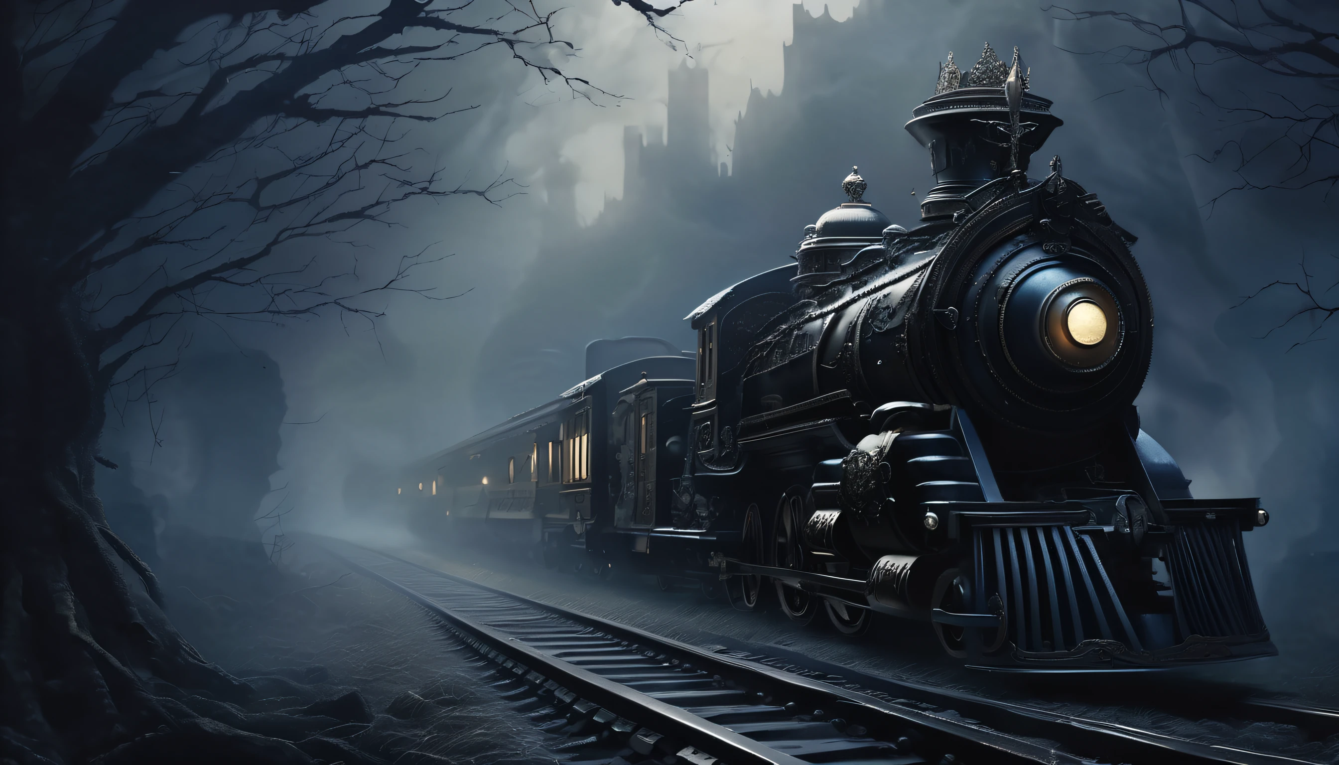 (((dark fantasy train moves through the thick fog of black and navy:1.2))), train's body is made of bones. immortal undead king sitting atop, empty eyes gazing into the void, ornate robes and crown standing out against the murky backdrop, while his black mist wand emits an eerie aura, capturing the intricate strokes and touches of the complex attire, illustration is masterfully rendered, exudes a strong sense of undead terror, extremely intricate detail of stunning render, incredible mystical high resolution, brushstrokes are complex and luxurious, painting is incredibly detailed, every element is meticulously, spooky and surreal illustration,