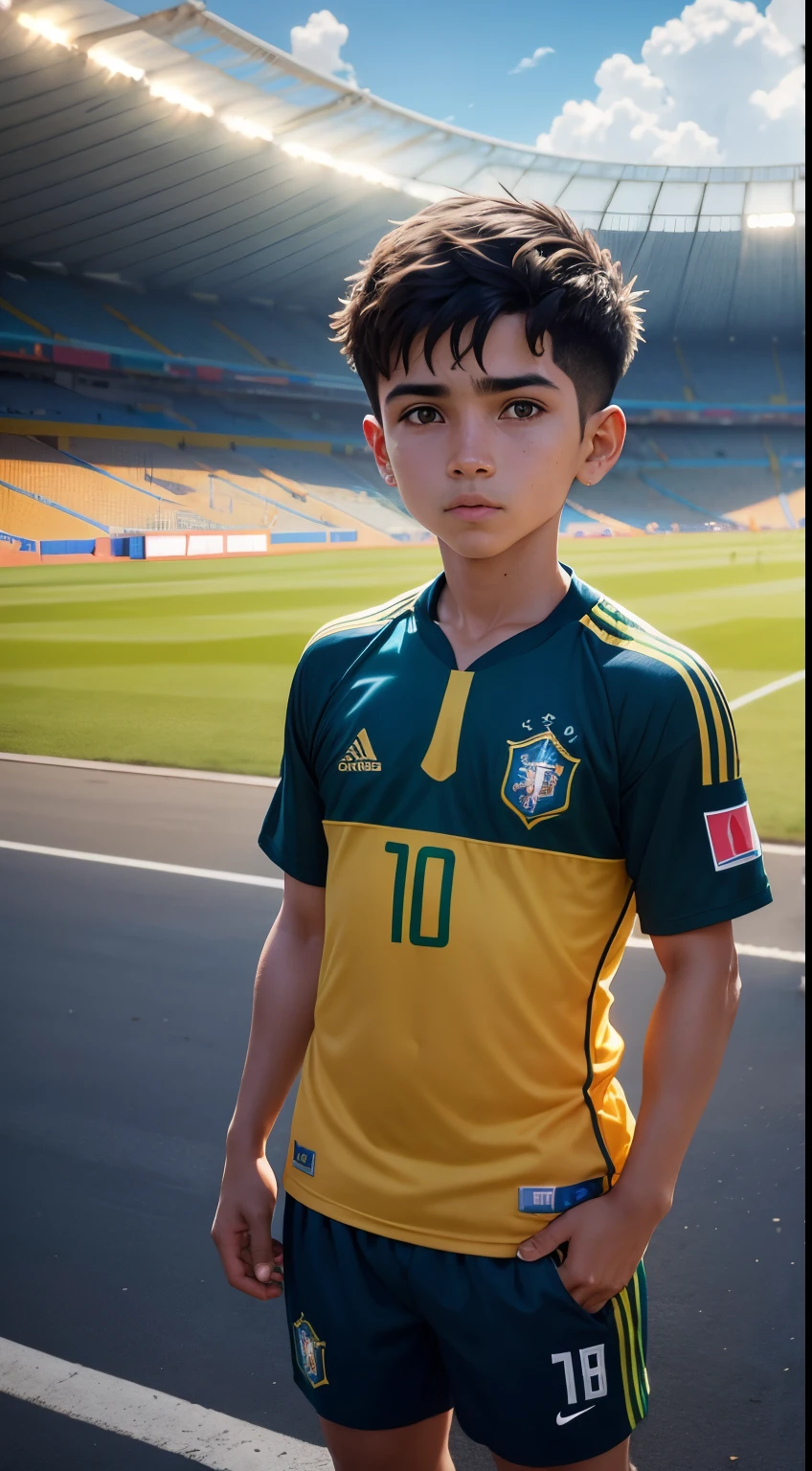 , cabelo liso com corte fade castanho escuro, pelo muito curto, pelo curto, Men's uniform of the Brazil national football team, camisa amarela, blue shorts, epic scenery, Packed stadium, Torcida, melhor qualidade, best resolution , Estilo anime , obra prima , olhar fixo, corpo inteiro, Funtebol Stadium in the background, World Cup Scenario, Brasil, Child in love with football.