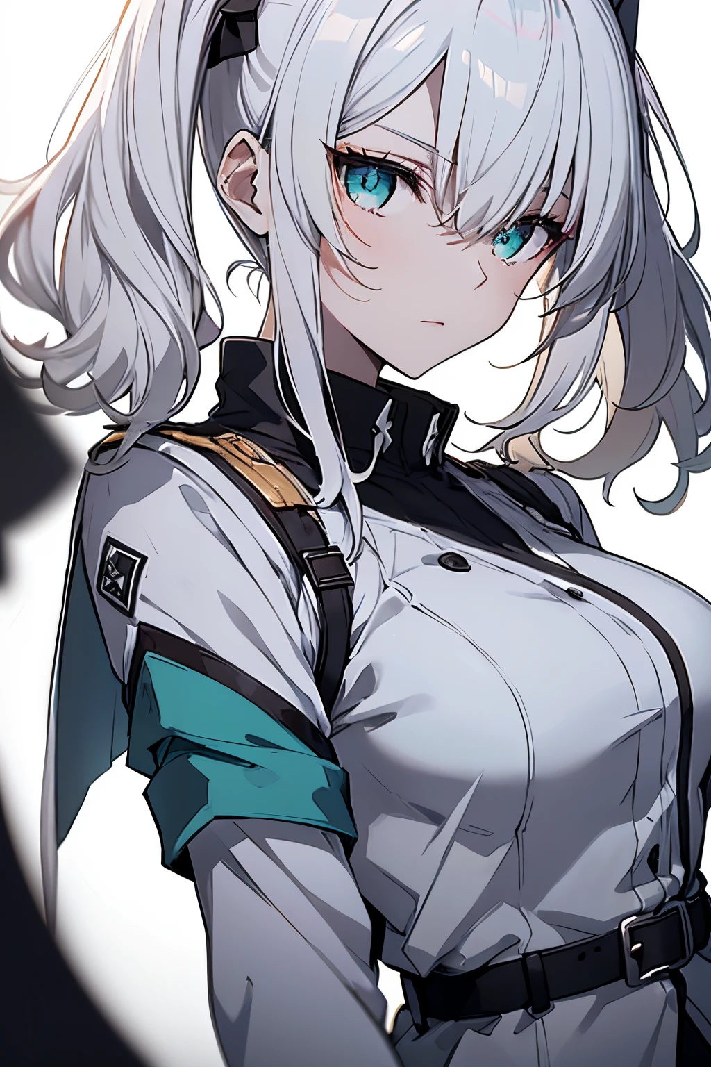 Full body, White one-piece military uniform,(masutepiece:1.2, Best Quality), (finely detailed beautiful eye: 1.2), (beautifull detailed face), High contrast, (Best Illumination, extremely delicate and beautiful), ((Cinematic Light)), Dramatic light, Intricate details, Turquoise eyes, small breast, Belt under the breast, White military uniform, White skirt, dark gray hair, Black tie,  (Pale white background:1.5), Long twin tails fluttering in the wind, long twin tails, Dynamic Pose,