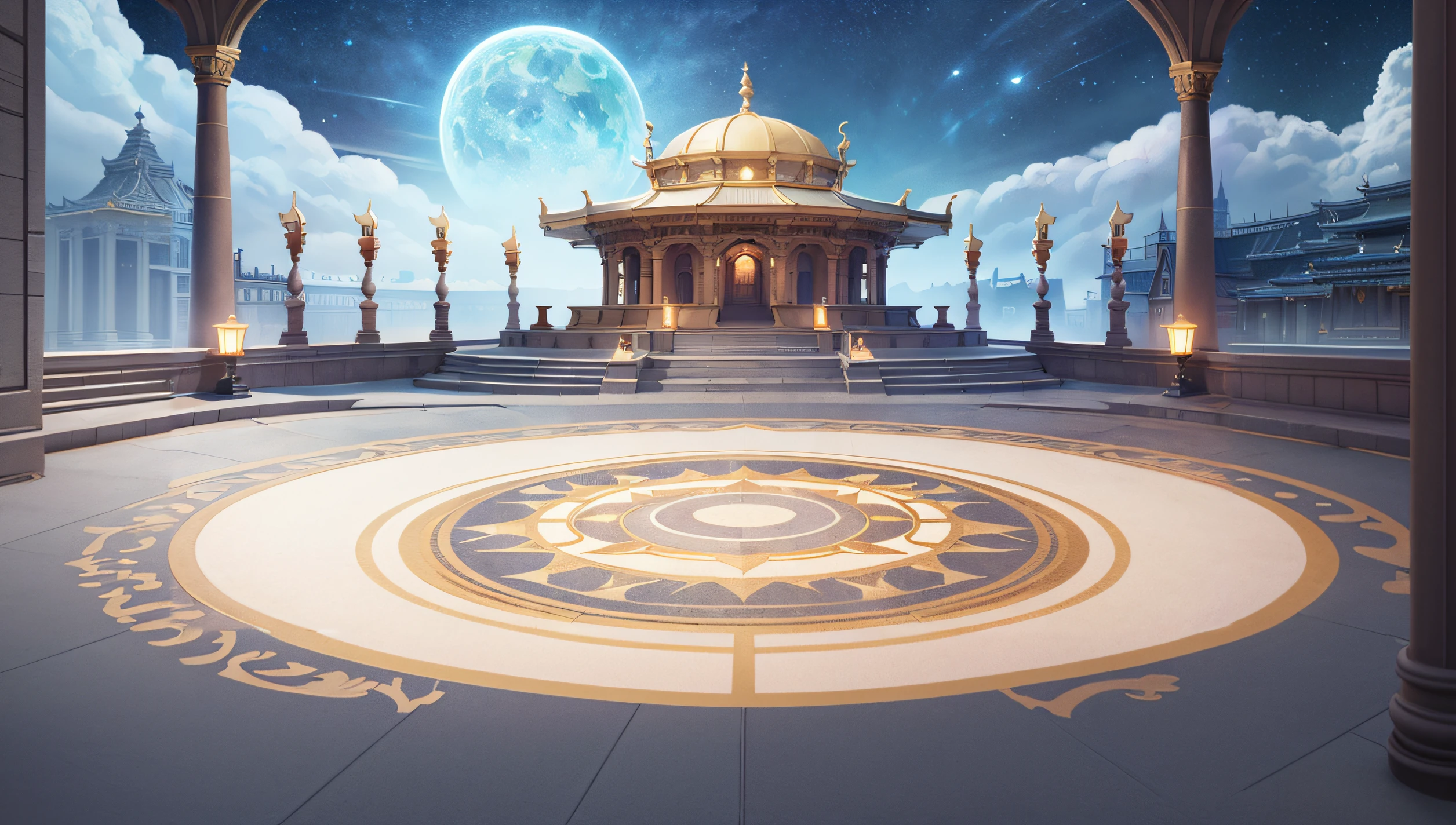 There is a large circular area,There is a gazebo and a full moon, Galaxy Temple, a temple background, unreal engine render saint seiya, palace background, odin's stone arena background, arena background, Mysterious temple setting, Stunning mystery background, sci-fi temple exterior, light kingdom backdrop, Mythical Temple of the Universe, background artwork, futuristic palace, a mystical temple