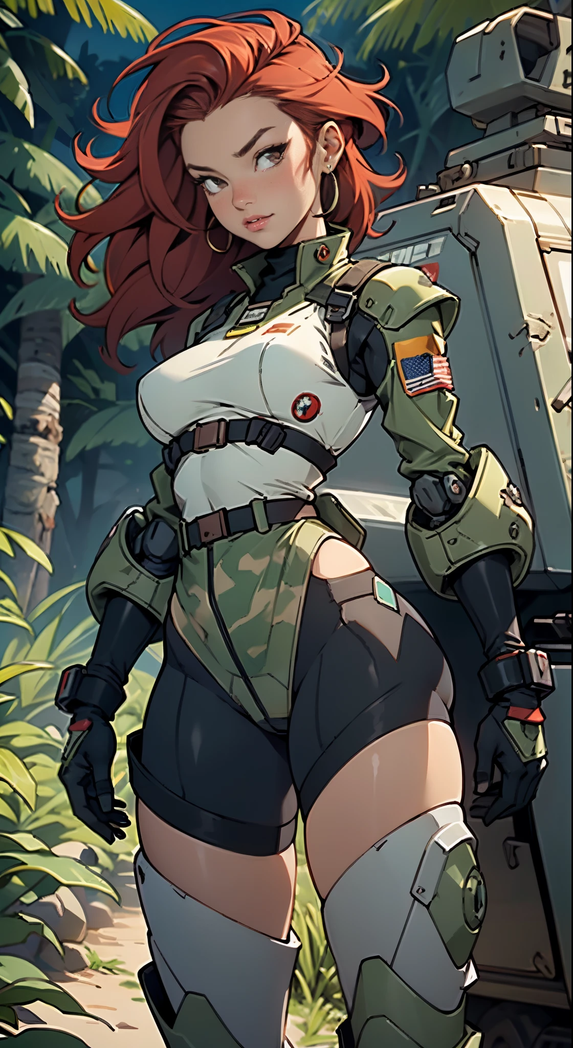 1woman 20 years old, max resolution, crisp lines, sculpted, military, wearing a soldier helmet, beautiful, perfect body, red hair, perfect body, thin waist, wide hips, large breasts, slim thighs, jungle background, armored vehicle, flying fighters, military robot dog, camouflaged uniform, tight panties, two-piece, head to toe, highly detailed, high resolution, perfect hands, side view, camo, turning around to see the viewer