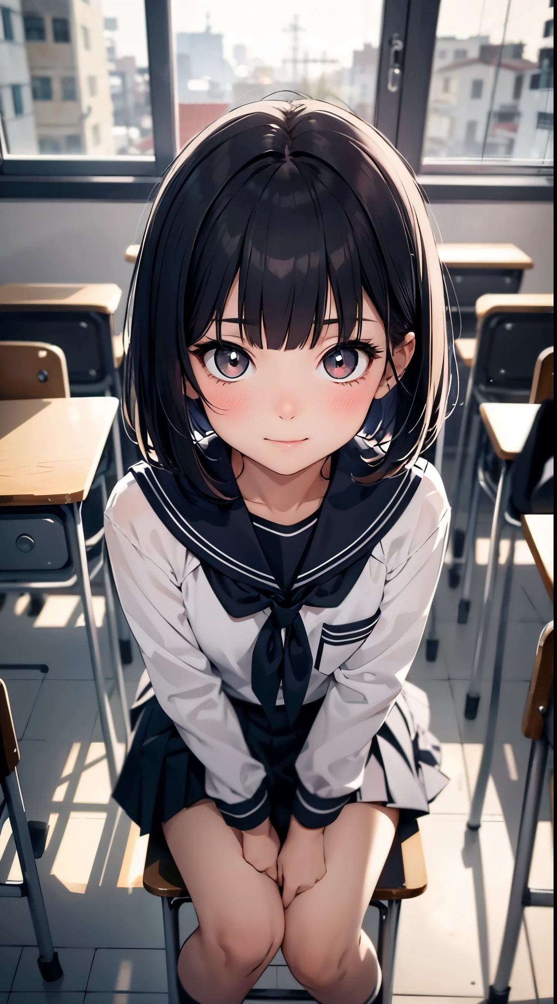 top-quality、in 8K、masterpiece、nffsw、超A high resolution、Raw photo、(Photorealsitic:1.3)、natural soft light、(depth of fields)、A slender、(Full body:1.2)、detailed faces and eyes、Realistic pupils、Sharp pupils、Inside the classroom、sitting on、Schools、Evening glow、beauitful face、16-year-old beautiful girl、Girl like a Japan doll、shinny skin、bob cuts、Beautiful black hair、Blunt bangs、Red Eye、(Gentle look、A slight smil)、(red blush:0.7)、a sailor suit、Pleated miniskirt、(thighs thighs thighs thighs:0.8)、(Looking out the window)