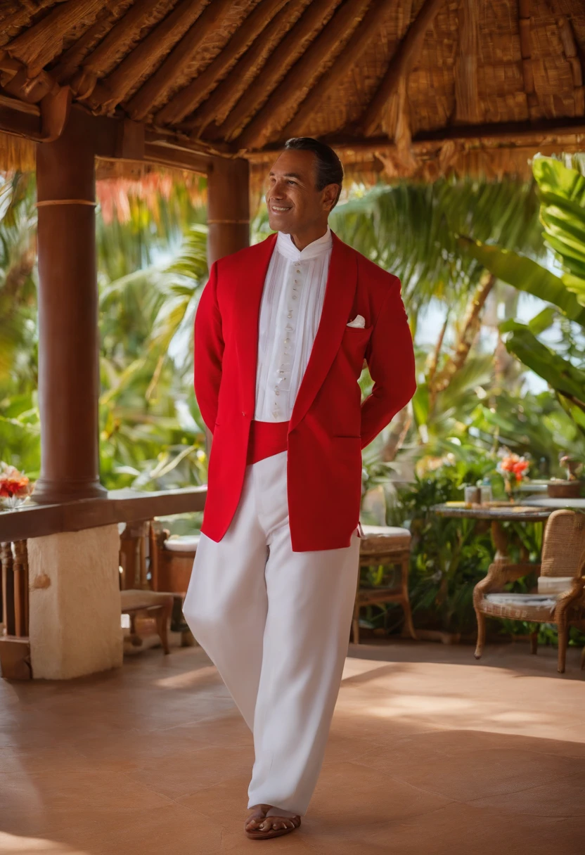 A boomerang video of Armond learning a traditional French dance from a local performer.,original,Armond, a character from the TV series “The White Lotus,” is portrayed as a suave and sophisticated resort manager, with a meticulously groomed appearance, often seen in his crisp, professional uniform that adds to his air of authority and composure. His sharp, angular features and intense gaze give him a charismatic yet somewhat inscrutable presence, perfectly fitting his role in the luxurious resort setting. He works at the White Lotus resort in Hawaii.