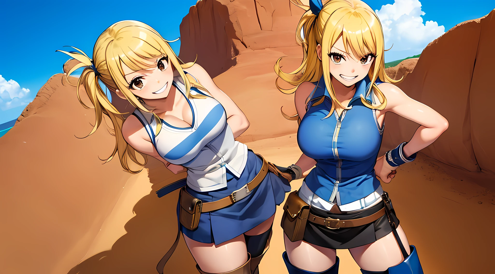 (masterpiece, best quality:1.2), solo, 1girl, lucy heartfilia, grin, looking at viewer, arms behind back, blue sleeveless shirt, miniskirt, belt pouch, thigh boots