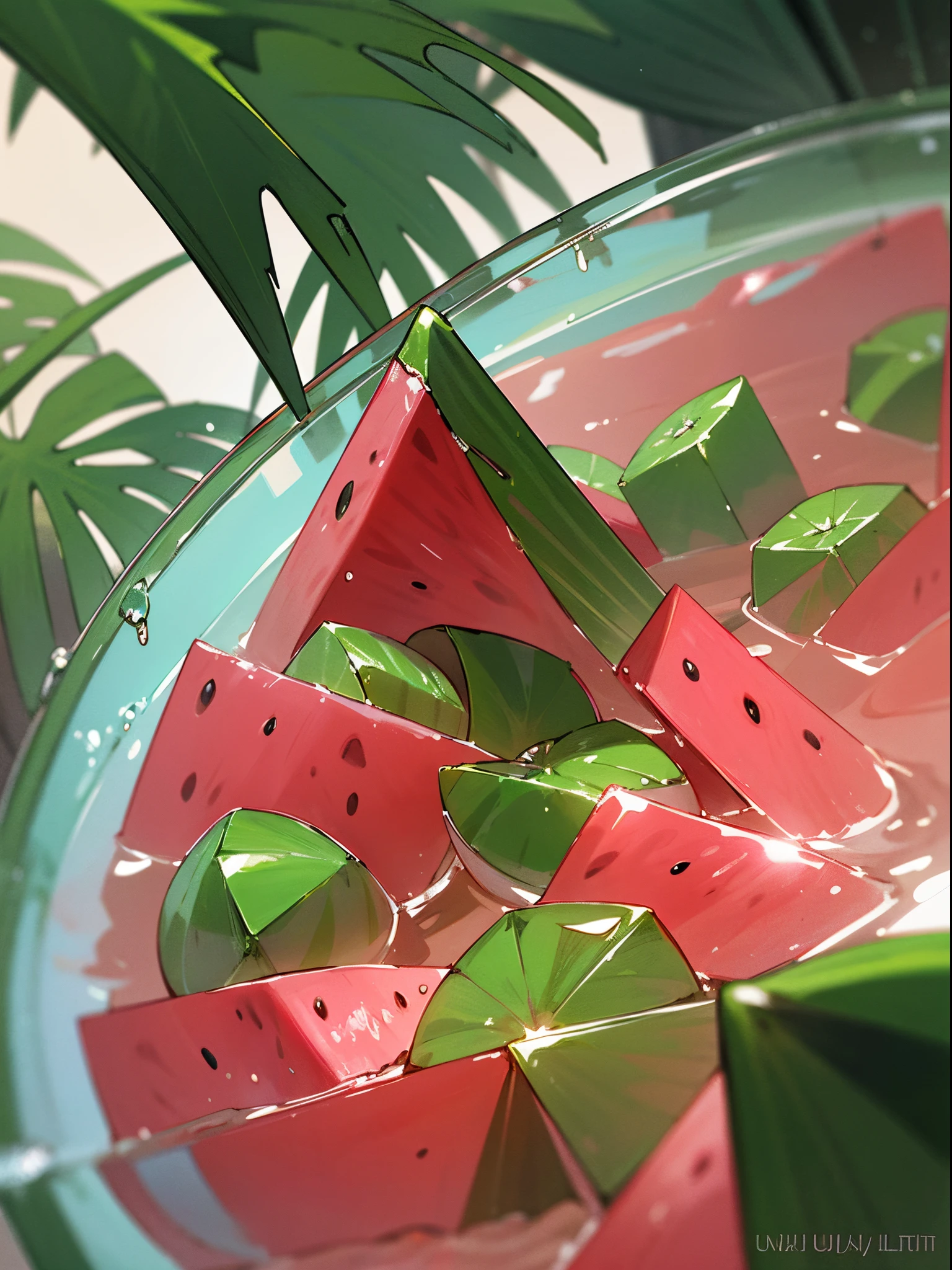 Wallpapers, poster, Drinks, Ice Cubes, Watermelon, Tropical Plants, Hot Weather, HD Detail, Moist Watermark, Ultra Detail, Movie, Hyper Realism, Soft Light, Deep Focus Bokeh, Ray Tracing, Diffuse (Ultrafine Glass Reflection) and surrealism --niji 5