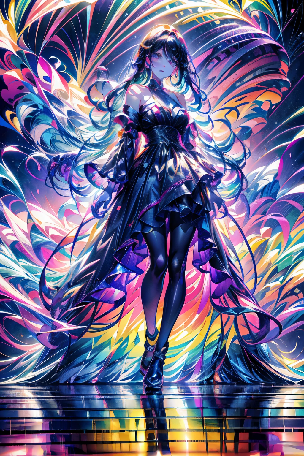 Rainbow on background、Irridescent color、colourfull、blue open sky、Colorful world、has a rainbow weapon、top-quality、超A high resolution、(Photorealsitic:1.4)、Female 1 Person、(Kpop Idle)、(attractiveness:1)、(rainbow hair:1)、((Puffy eyes))、Look at the viewer、full body Esbian、Facing the front