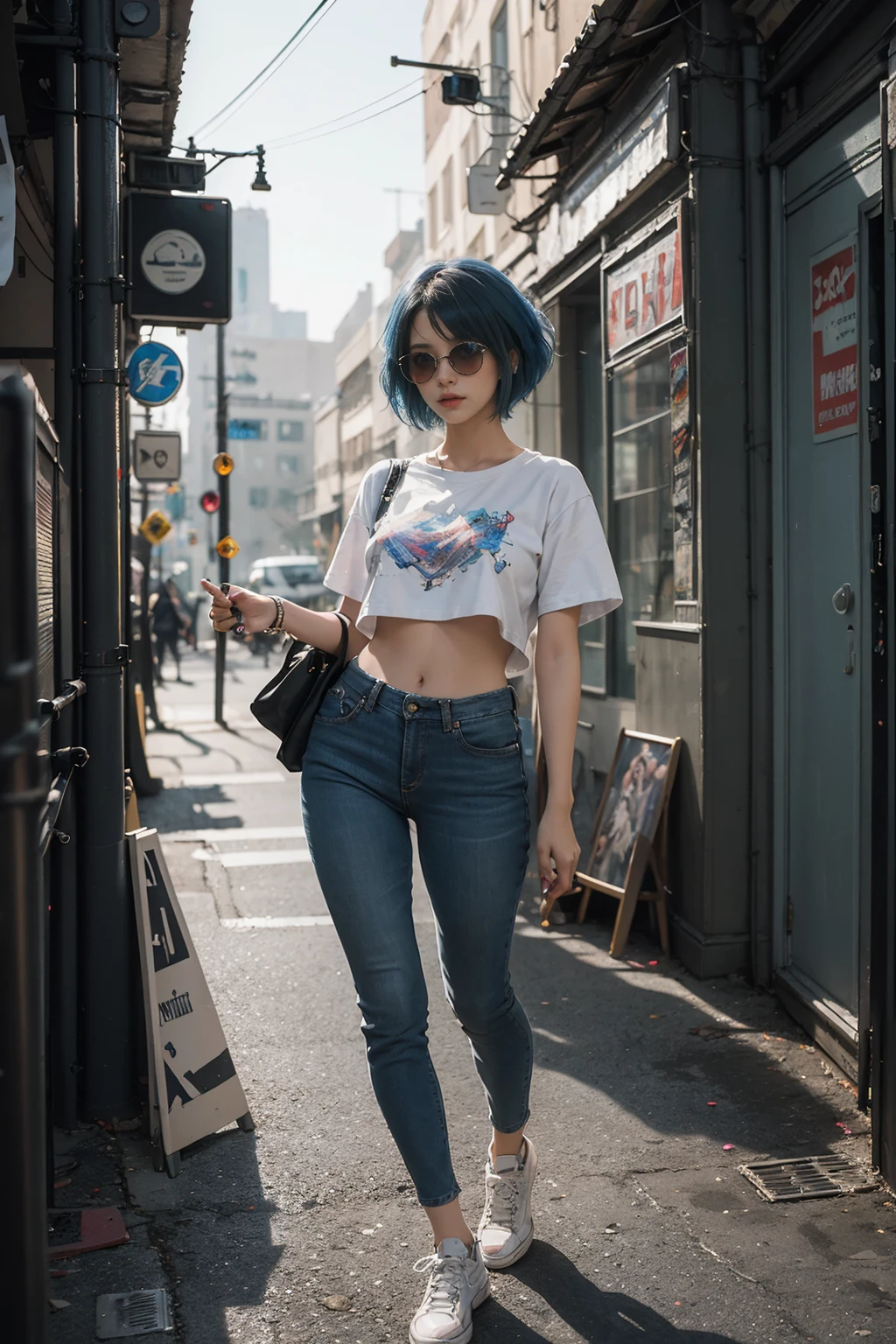 Beautiful photorealistic photograph of a beautiful girl with sunglasses half body pose (cream-colored t-shirt) and a variety of cyberpunk clothing and paraphernalia, short blue hairstyle, dynamic pose, cyberpunk street background, perfect proportions, abstract beauty, approaching perfection, pure form, concept art, by Brian Froud and Carne Griffiths and Wadim Kashin and John William Waterhouse, intricate detail, 8k post-production, high resolution, hyper-detailed, fashionable art station, sharp focus, studio photo, intricate detail, highly detailed