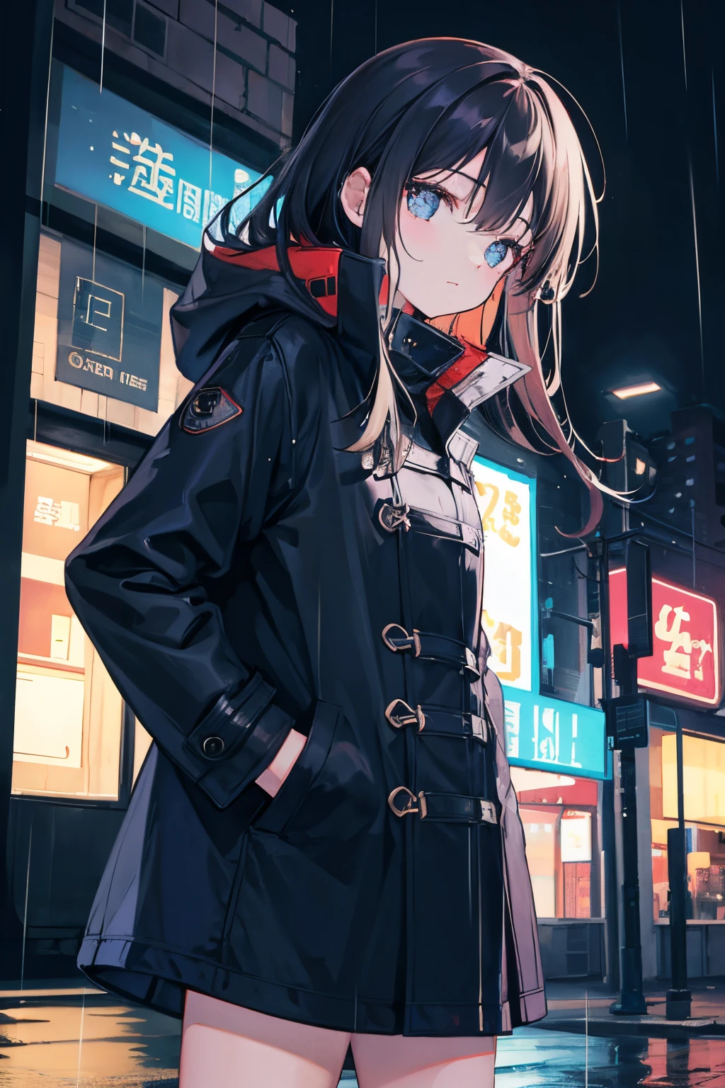 1 girl, night city, rain, coat, hands in pockets