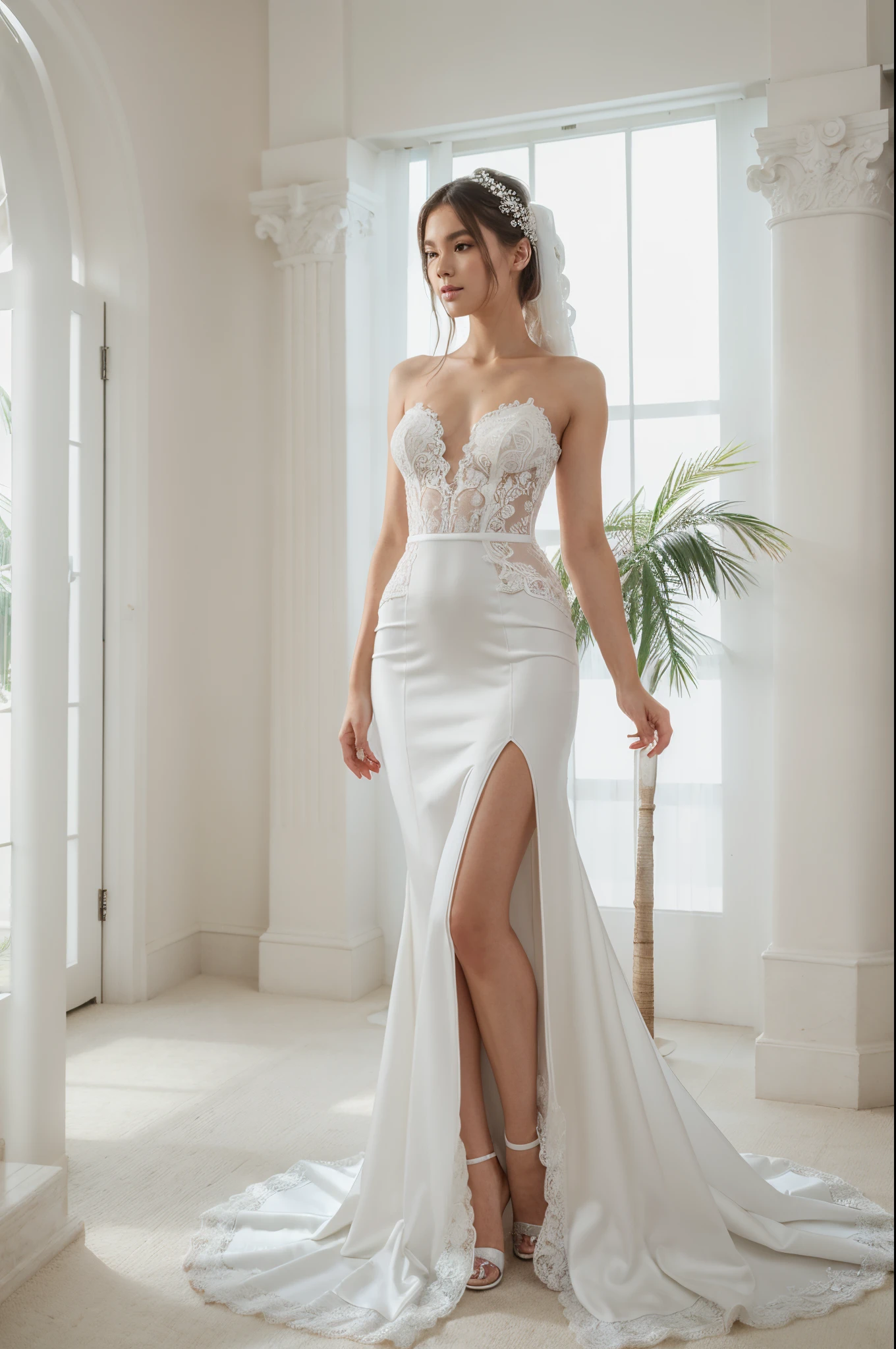 Top quality, Masterpiece, hyper HD, (Photorealistic: 1.4), RAW photo, 1girl，独奏，Fashion model，Wearing a white mermaid wedding dress， sweetheart style, Lace material, long tail, full body, in white room with indoor decorative palm tree，Stand upright and look straight.