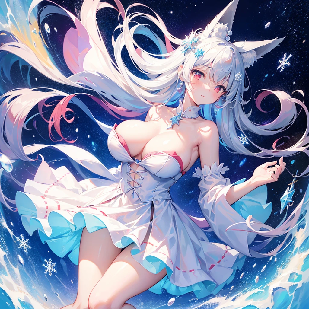 ((top-quality)), ((masterpiece)), (ultra-detailliert), (illustratio), (Detail light), (an extremely delicious and beautiful), girl with, cute face, The upper part of the body, Two feet, long skirt, (beautifully detailed eyes), Red eyes, Messy floating hair, Silvery hair,Fox ears,Colorful inner hair, Starry dotted hairs, (lots_of_big_colorful_Bubble), 【pearls】, 【milkyway】, depth of fields, 【Ice crystals】, (Snowflake),Off-the-shoulder clothing,frilld, big boobs,Large chest,