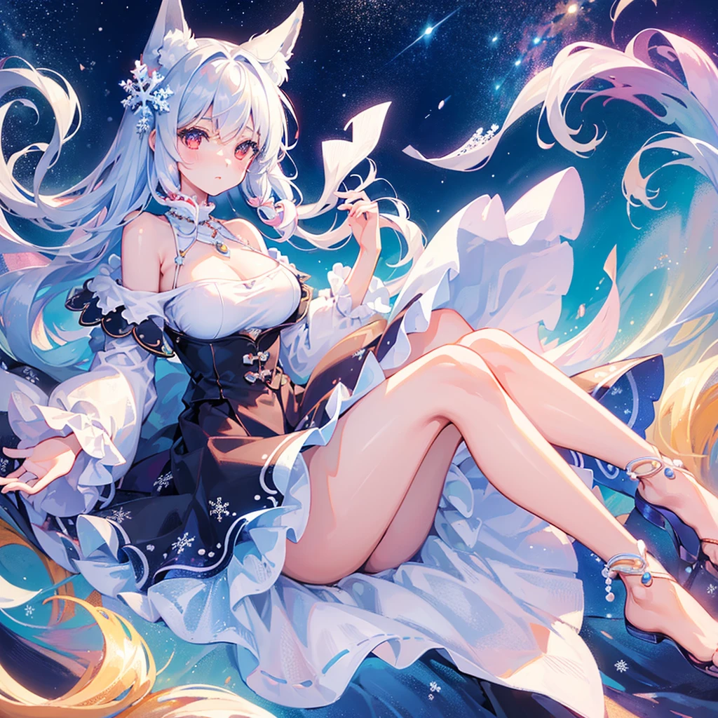 ((top-quality)), ((masterpiece)), (ultra-detailliert), (illustratio), (Detail light), (an extremely delicious and beautiful), girl with, cute face, The upper part of the body, Two feet, long skirt, (beautifully detailed eyes), Red eyes, Messy floating hair, Silvery hair,Fox ears,Colorful inner hair, Starry dotted hairs, (lots_of_big_colorful_Bubble), 【pearls】, 【milkyway】, depth of fields, 【Ice crystals】, (Snowflake),Off-the-shoulder clothing,frilld, big boobs,Large chest,