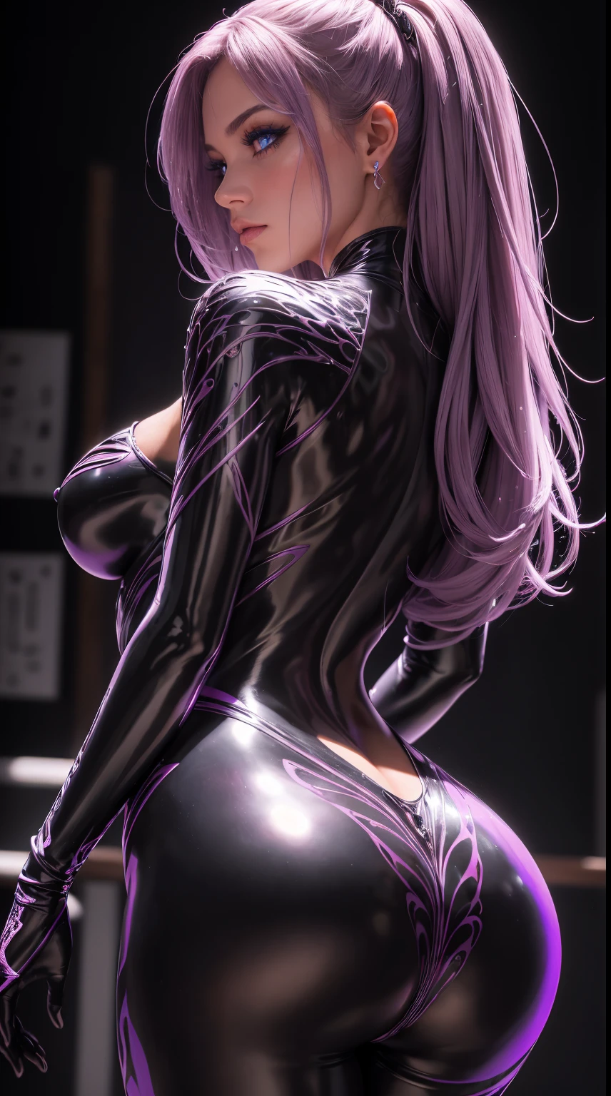 rear view, backside view,(storyboard:1.4), dama liquida, reina liquida, arcane liquid fluid fighting stance, sexy, seductor, erotic,( Body formed from mauve and black liquid metallic paint that twists into a beautiful interpretation of the female figure:1.2), colmillos largos y afilados, ((complex metallic colors in the foreground)), (( fluid mechanics, The prettiest soft scale facial makeup....)) - sangre oscura, onyxia, mechanical translucent skin,More detailed 8K.motor irreal:1.4,UHD,La mejor calidad:1.4, fotorrealista:1.4, textura de la piel:1.4, obra maestra:1.8,obra-prima, mejor calidad,objeto Objeto], (detailed face features:1.3),fondo azul