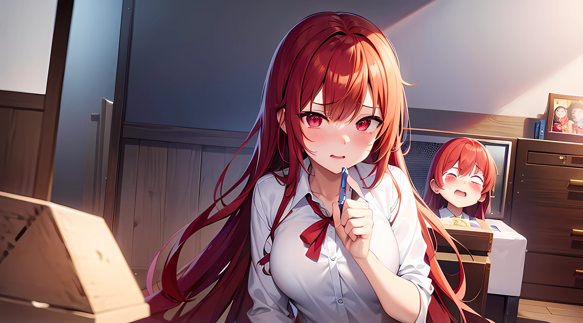 anime characters with red hair and white shirts and ties, an album cover inspired by Munakata Shikō, red blush on their face, embarrassed facial expression, trending on pixiv, process art, oppai, ahegao, the background is bedroom, from cryptid academia, crazy expression, oppai proportions, hentai anime style, anime cover, from girls frontline