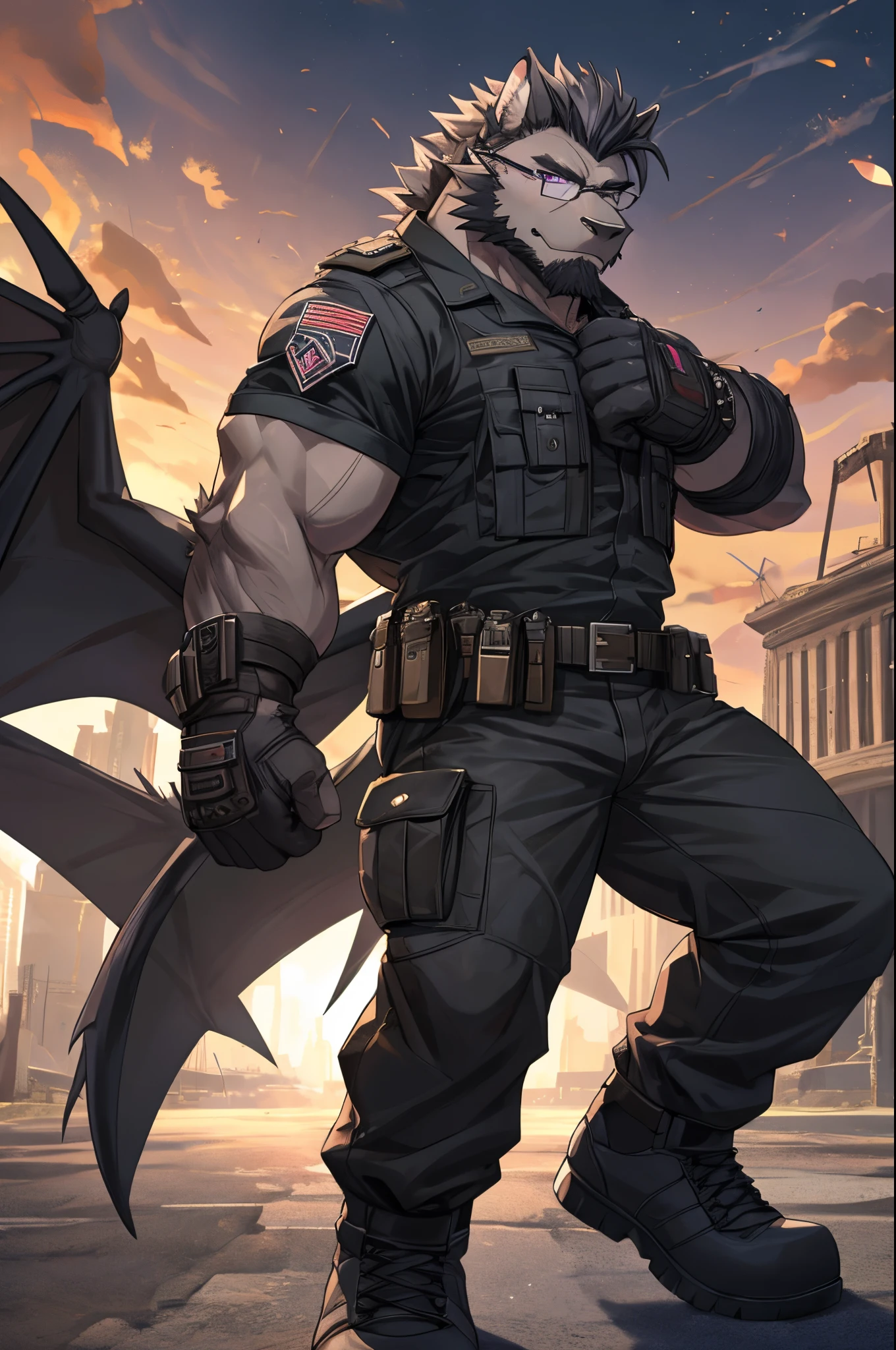 Masterpiece, Solo, Cool Pose, Furry Black Dragon, Medium Muscular Body, Purple Eyes, Grey Medium Hair, Grey Facial Hair Combat shirt, Black Glasses, Combat Gloves, Combat Pants, Fierce, Manly, Good looking