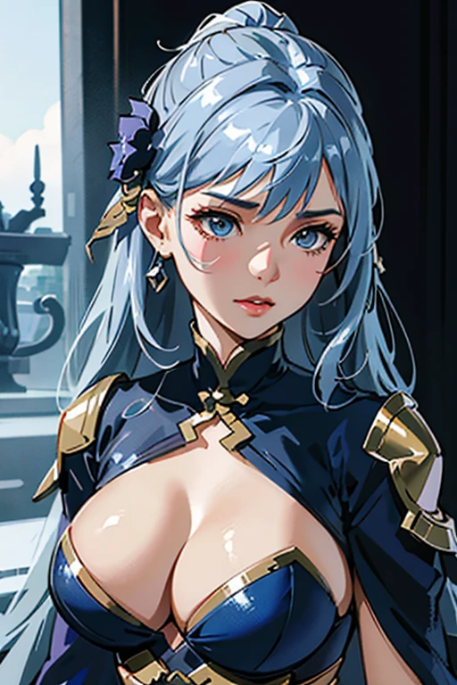 close up shot of a woman in a silver and blue dress, silver armor, large breasts, cleavage, chengwei pan on artstation, by Yang J, detailed fantasy art, stunning character art