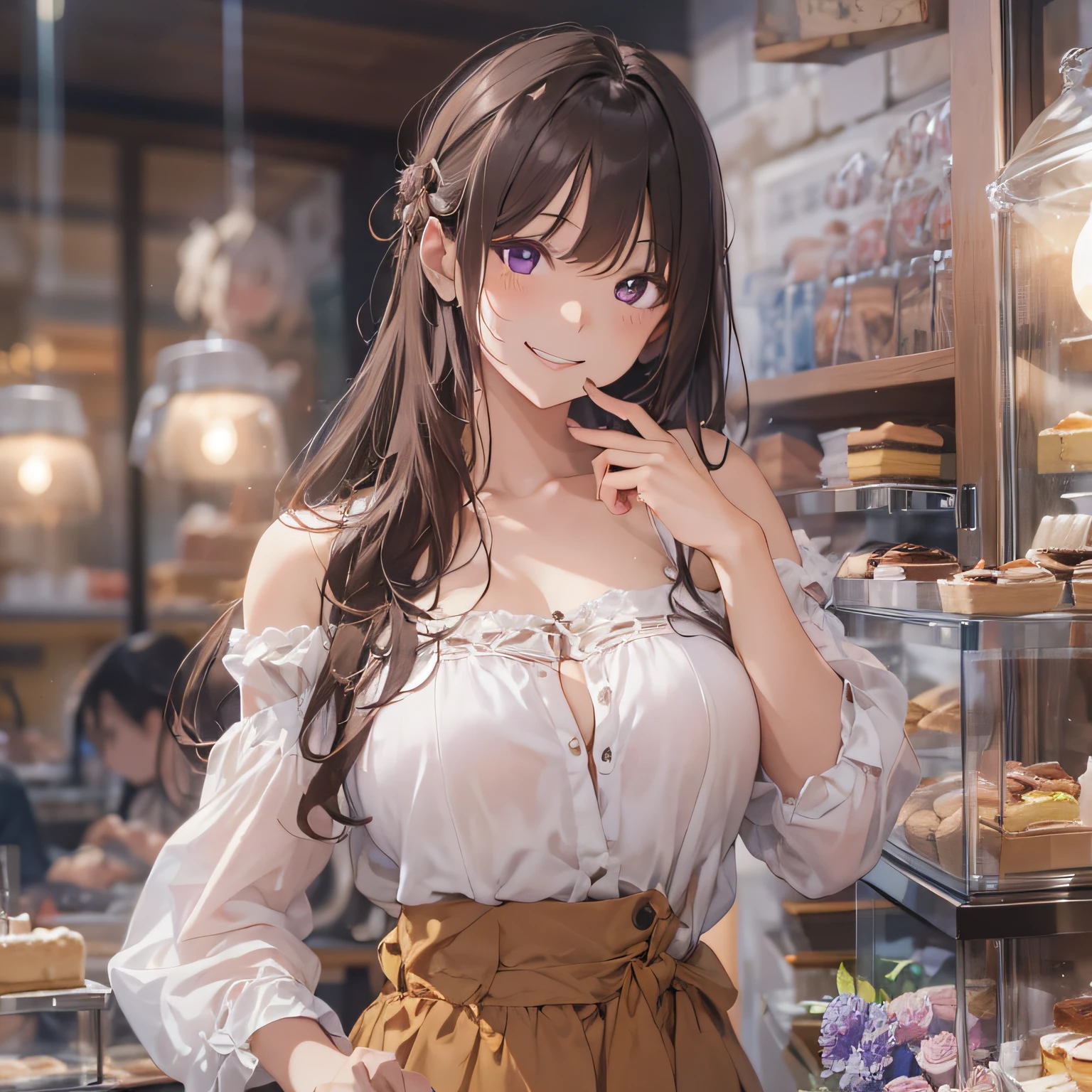 ​masterpiece、top-quality、(brown colored long hair、I have bangs:1.1)、25 year old woman with purple eyes、Wearing a white off-the-shoulder blouse、(Emphasizing cleavage:1.1)、(Smiling expression:1.3)、(Staring:1.5)、(Close-up of the subject's face:1.3)、Slouching posture、is standing、five perfect and beautiful fingers、Place the camera above the subject、The background is a cake shop、Bold composition、Upper body is shown、Alone