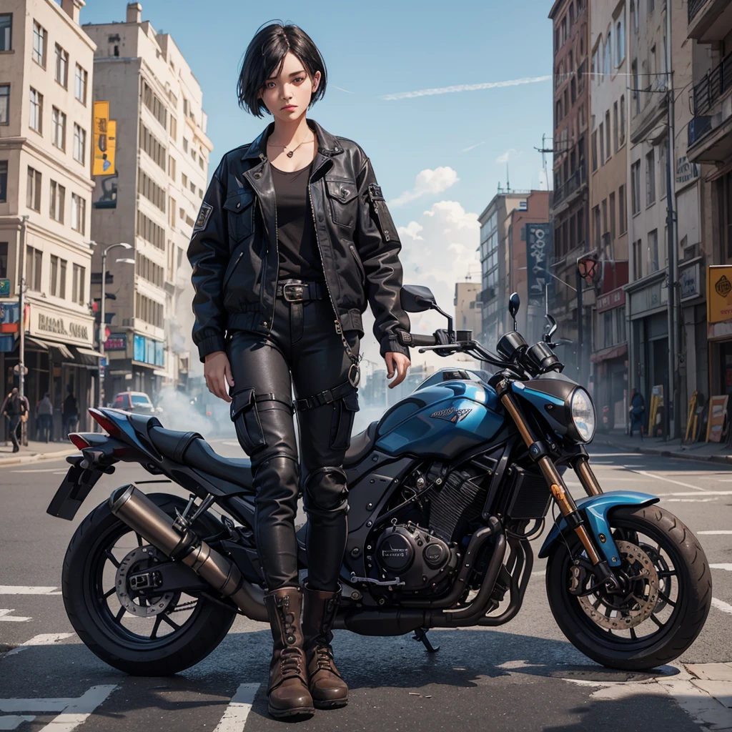 Digital Illustration, Extreme Detail, 4k, 3D realistic age woman with short black hair, black shirt, blue jacket, brown cargo pants, brown shoes on a destroyed city center street in the afternoon, there is light smoke around her with scattered newspapers, wide dark fantasy grading lens