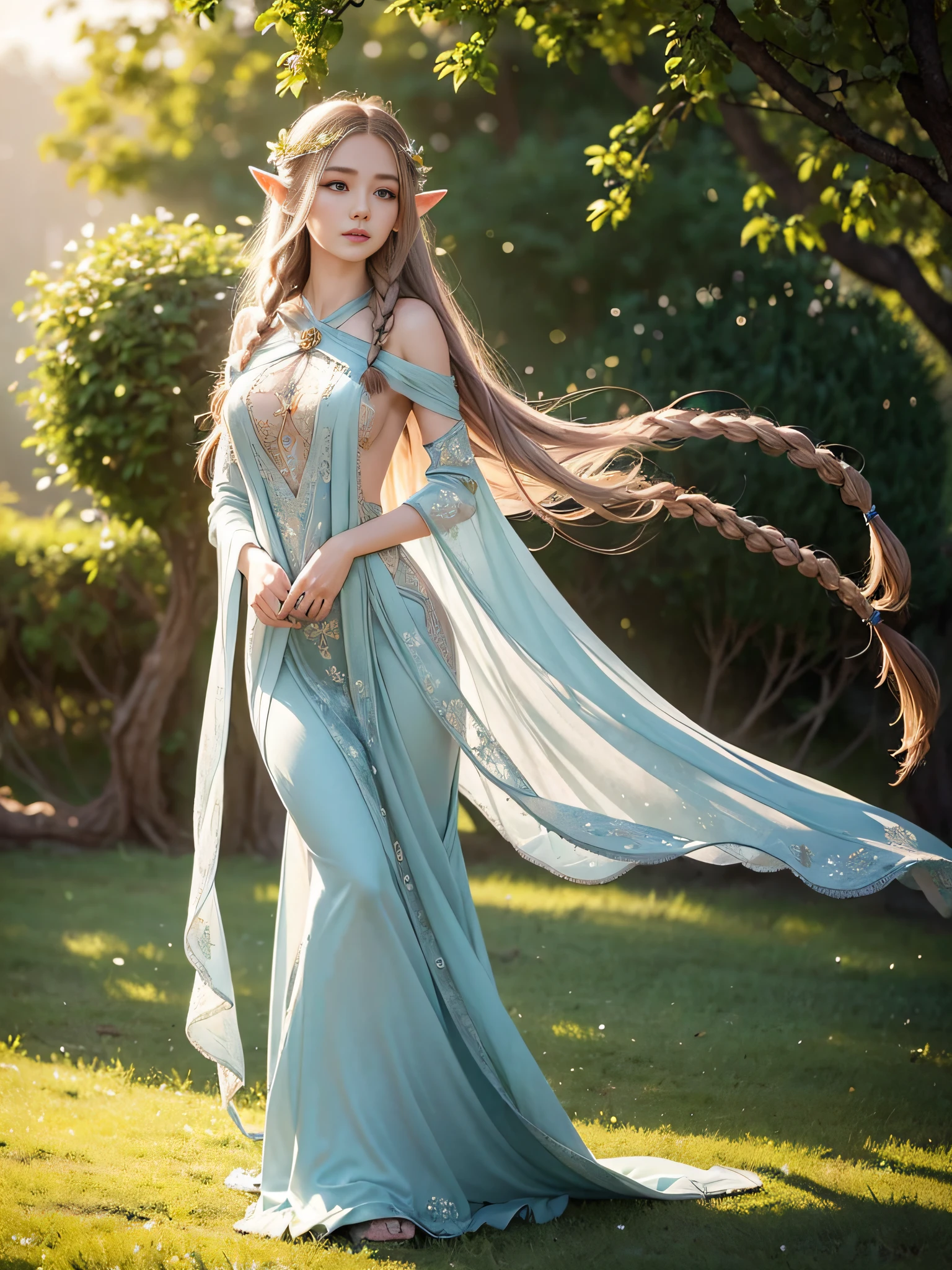 Graceful elven girl standing in meadow, Delicate face illuminated by the soft light of the setting sun. Her long, Flowing hair runs down your back, Decorated with intricate braids、Adorned with sparkling gemstones. This great photo is、、、It captures the ethereal beauty of elves. Slender figure in silk dress、Swaying in the soft steppe breeze. Attention to detail、Face that is、Face that is、Face that is、Face that is、It is evident in the intricate patterns of the dress and the subtle highlights of the luminescence. skin. The breathtaking portrayal of the elven girl is、、、、、Create an enchanting atmosphere、It invites the viewer to a magical world.