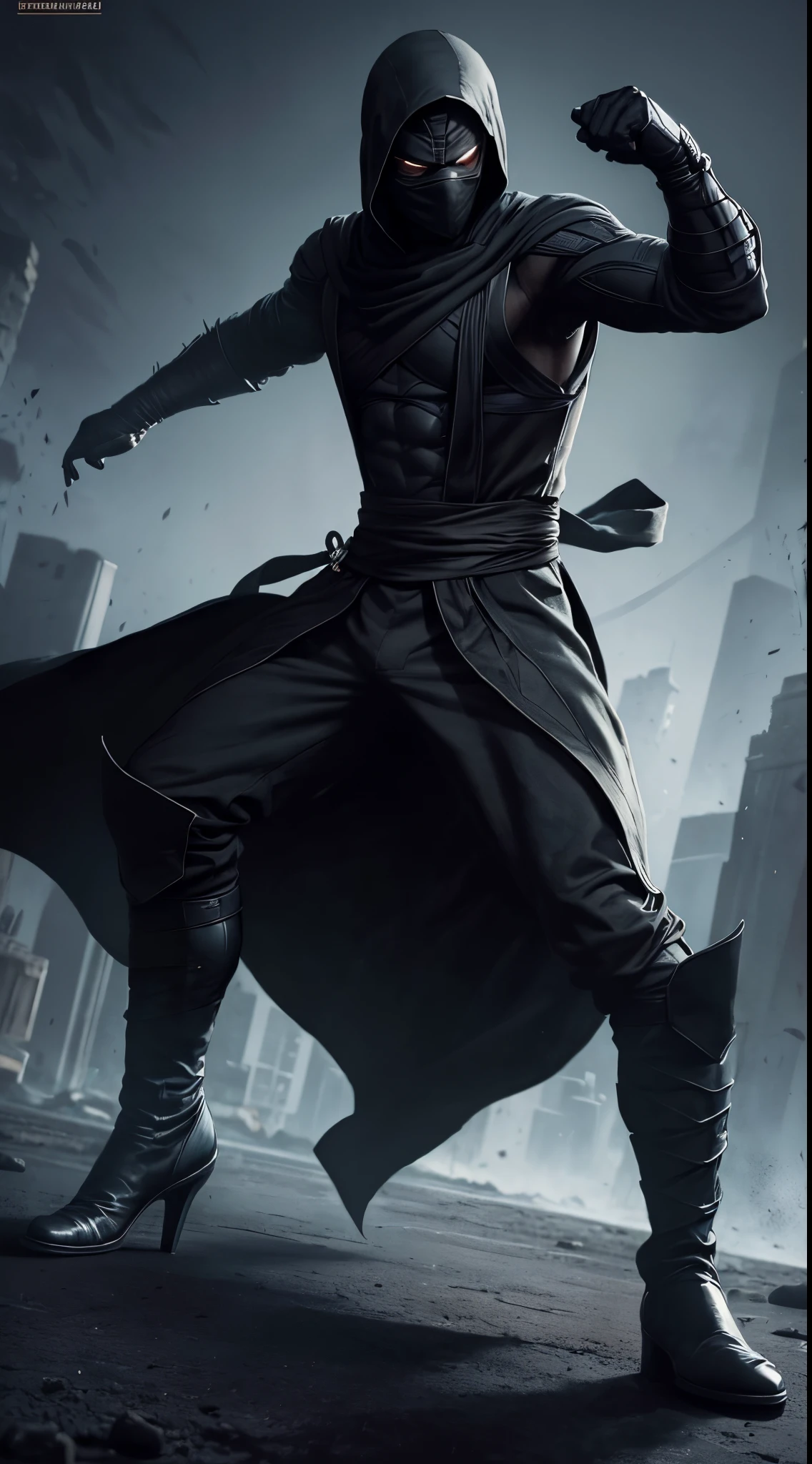Noob Saibot from Mortal Kombat, fighting stance, shadowy figure wearing a black ninja outfit, black gloves, black boots, intricate, high detail, sharp focus, dramatic, photorealistic painting art by greg rutkowski