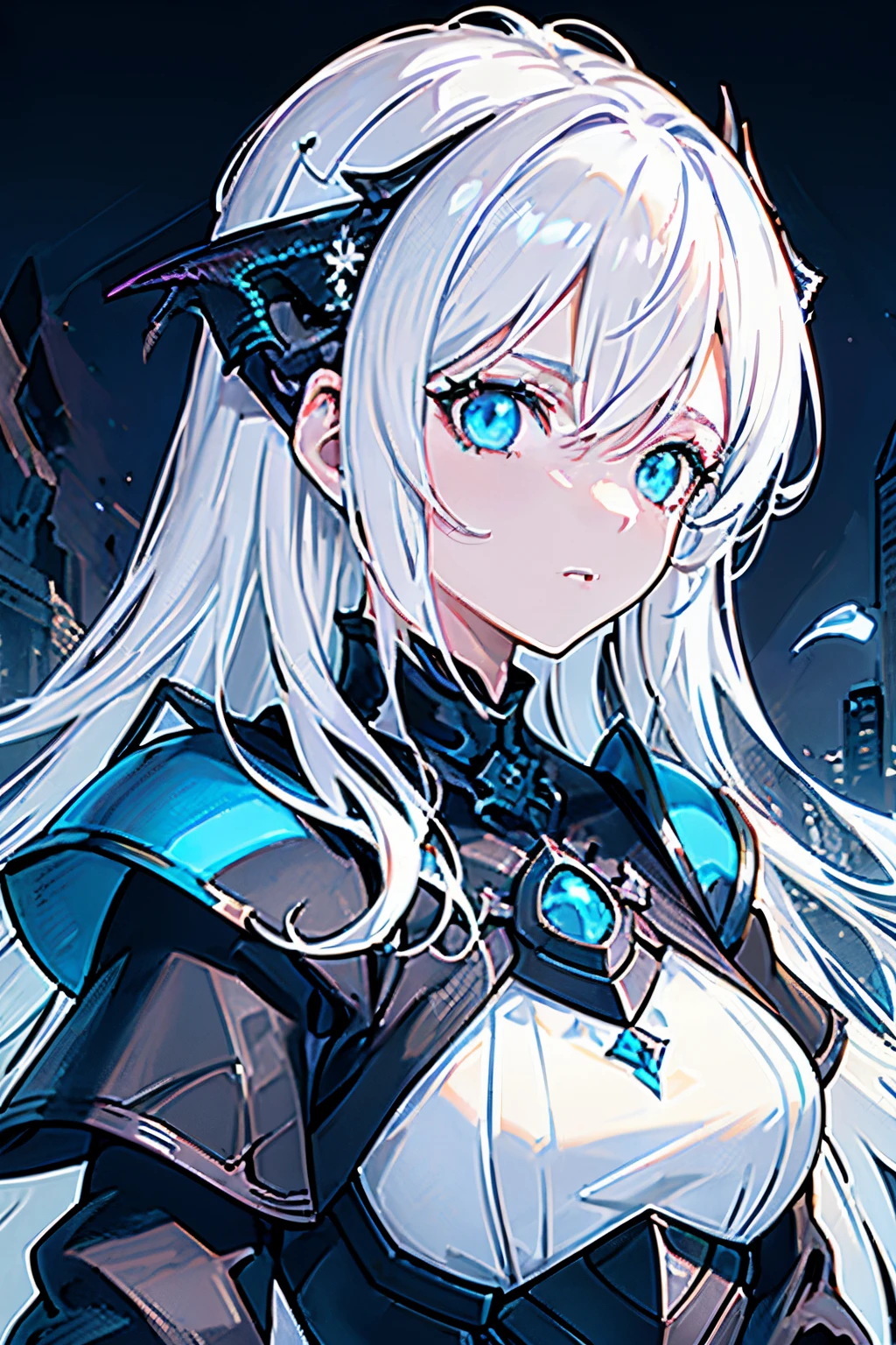 masterpiece, best quality,
1girl, (colorful),(finely detailed beautiful eyes and detailed face),cinematic lighting,bust shot,extremely detailed CG unity 8k wallpaper,white hair,solo,serious,intricate skirt,((flying petal)),(Flowery meadow)
sky, cloudy_sky, building, moonlight, moon, night, (dark theme:1.8), dark fantasy, ((Light Skin)) ((Blue Eyes)) ((Blue Horns)) (((Black Armor))) (((Dragon Girl))) ((Ice Magic))) (((White Hair))) Best Res, High Res, Absurd Res ((Elden Ring)) (((Best Face)))