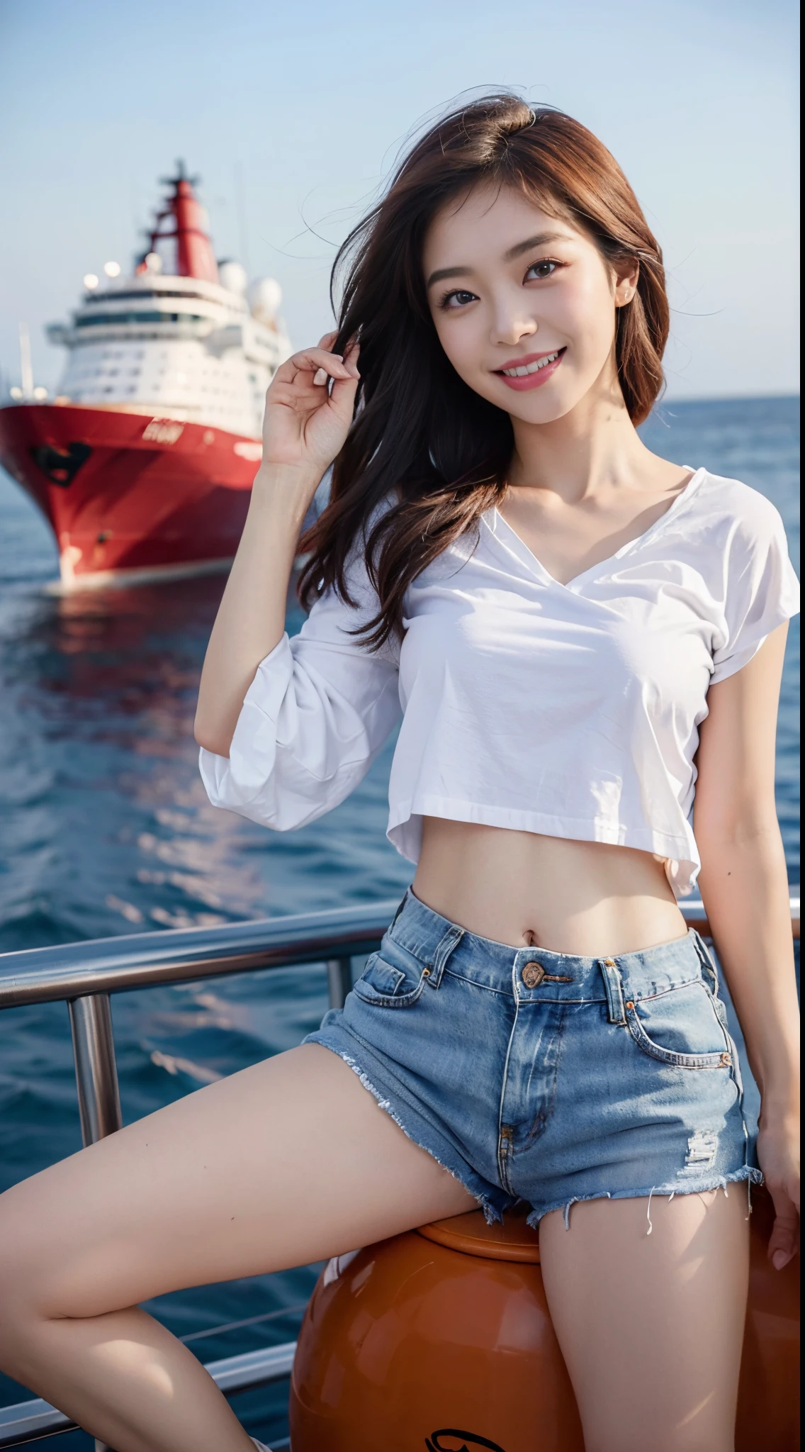 Above the sea、Fishing on a boat、((I'm catching a big tuna))、8k, top-quality, （pubic hair beauty）、hight resolution, 逼真, realperson,　Above the sea、The Sunshine、On a big ship、(Luxury liner)、Flirting and dancing、((a smile))、exclamation、One young and beautiful girl、huge tit、Beautiful waist constriction、beautiful legs、((It's so short that your stomach comes outＴThe shirt))、Tight denim shorts、Dancing in a variety of poses