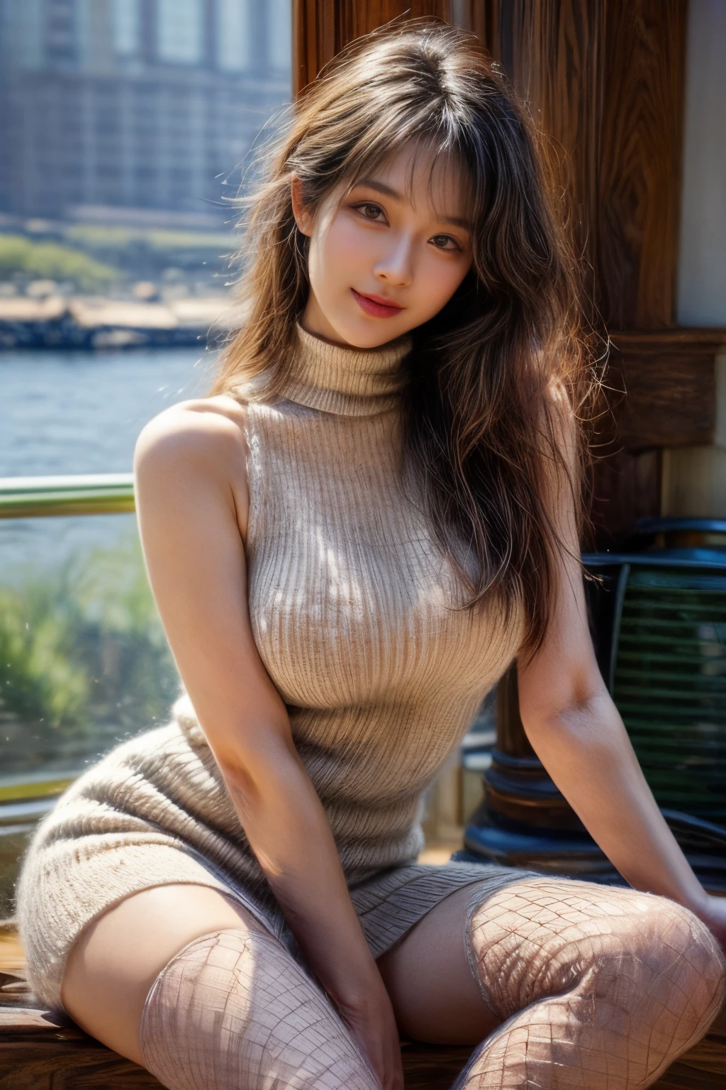 ​masterpiece、8K、32K、top-quality、(A detailed eye)、(A cute Japanese woman、bangss)、elegent、23years old、1 girl in、(Detailed background depiction、portlate:1.2)、(Knitted dresses:1.2)、sit on a bench in new york、(fishnet tights、long boots:1.1)、cowboy  shot、ssmile、head shot