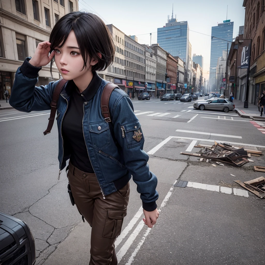 Digital Illustration, Extreme Detail, 4k, 3D realistic teenage woman with short black hair, black shirt, blue jacket, brown cargo pants, brown shoes on a destroyed city center street in the afternoon, there is light smoke around her with scattered newspapers, wide dark fantasy grading lens