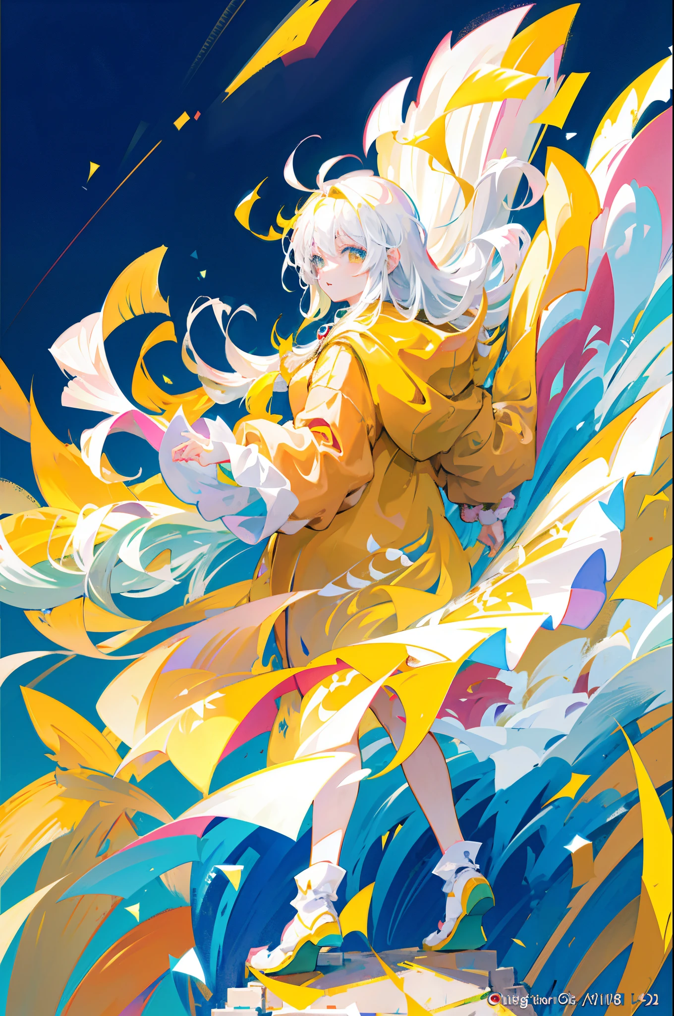 Anime girl with long white hair and a yellow cloak holds a yellow object, style of anime4 K, white haired god, Anime art wallpaper 8k, best anime 4k konachan wallpaper, anime fantasy illustration, anime art wallpaper 4k, anime art wallpaper 4k, Trending on ArtStation pixiv, digital art on pixiv, zerochan art, Anime Illustration
