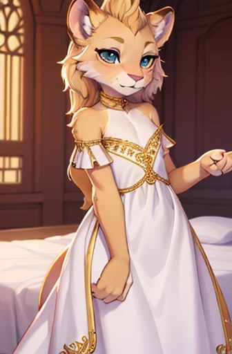 High quality, 4k, 8k, furry, anthro, age, girl, lioness, flat chest, young princess, see-through white gown, sun shining through clothes, gold embroider, gold chain bra straps visible, low rise panties, short hair, looking away, pov looking in from window