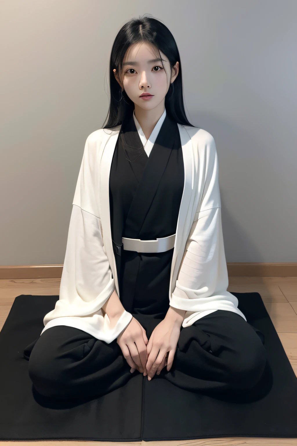 A man wearing a flowing black and white robe、30 year old Chinese woman in golden belt,Sit on a mat and meditate,had his hands folded,The robe covers the legs,The temperament is elegant,Sit upright,Blank background behind。