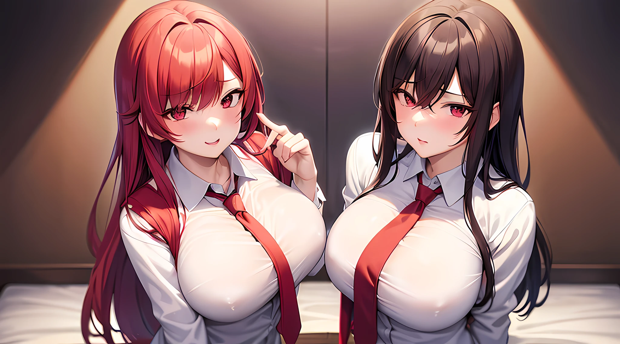 anime characters with red hair and white shirts and ties, an album cover inspired by Munakata Shikō, red thick blush on their face, seductive facial expression, trending on pixiv, process art, big breast, semi transparent shirt, the background is bedroom, oppai proportions, hentai anime style,