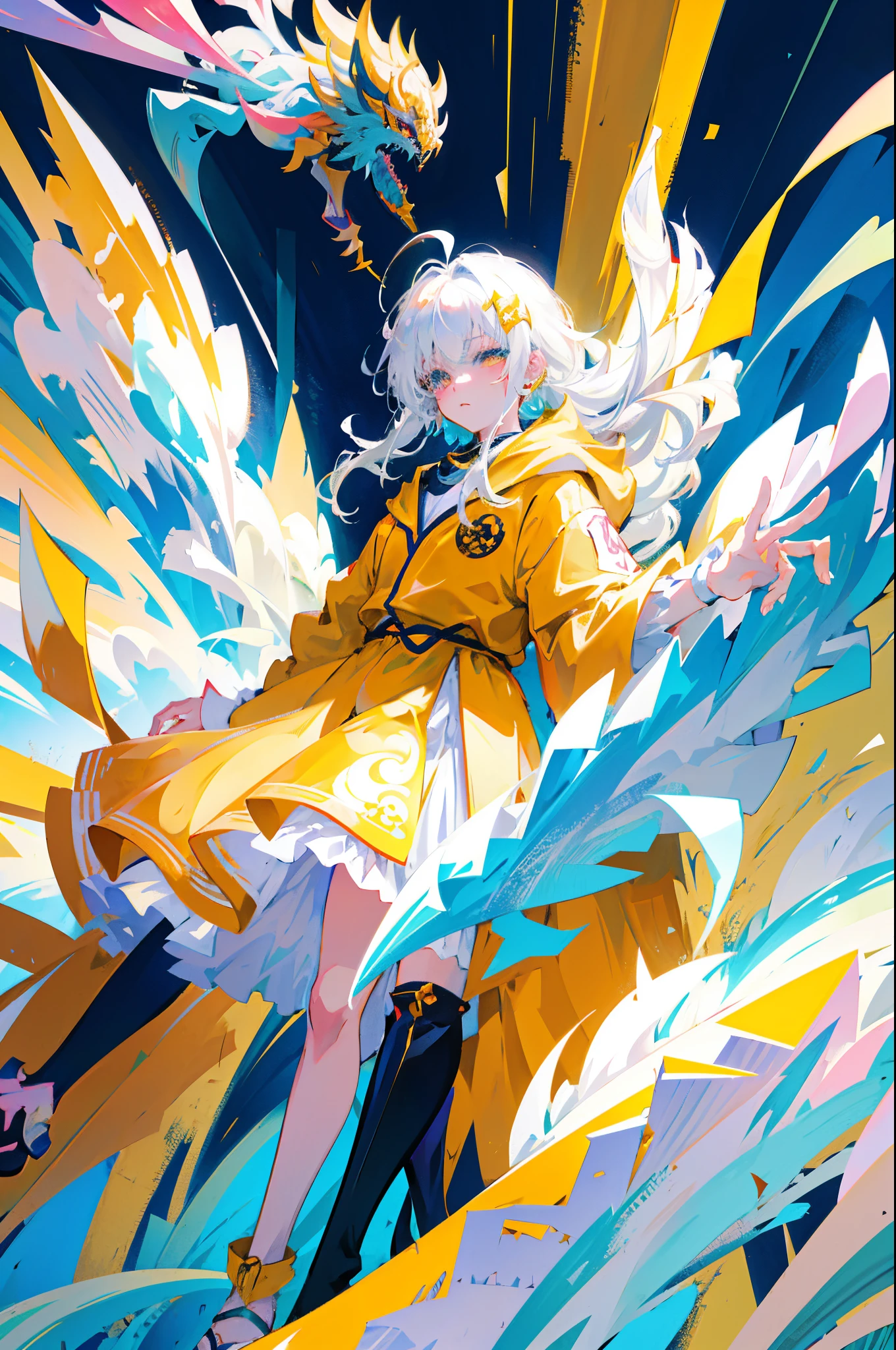 Anime girl with long white hair and a yellow cloak holds a yellow object, style of anime4 K, white haired god, Anime art wallpaper 8k, best anime 4k konachan wallpaper, anime fantasy illustration, anime art wallpaper 4k, anime art wallpaper 4k, Trending on ArtStation pixiv, digital art on pixiv, zerochan art, Anime Illustration