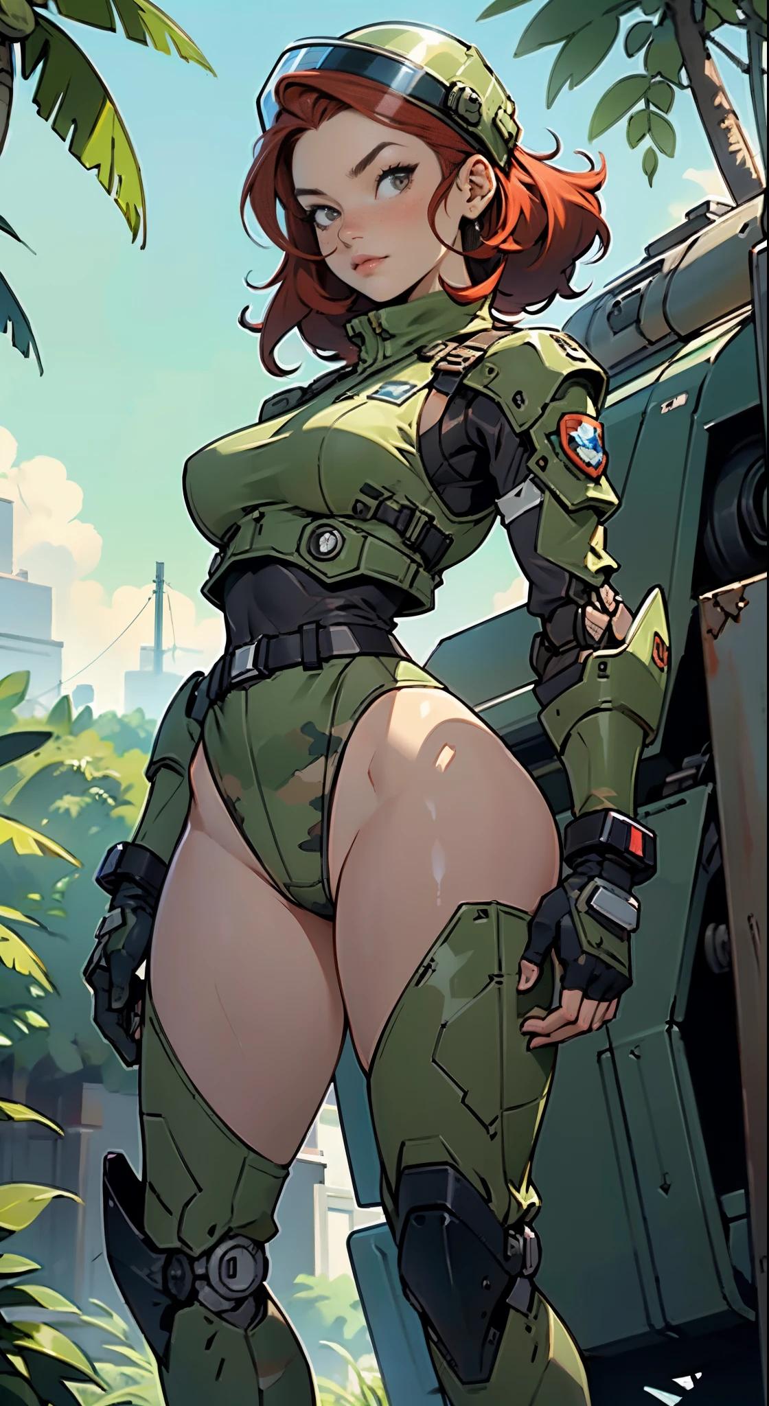 1woman 20 years old, max resolution, crisp lines, sculpted, military, wearing a soldier helmet, beautiful, perfect body, red hair, perfect body, thin waist, wide hips, large breasts, slim thighs, jungle background, armored vehicle, flying fighters, military robot dog, camouflaged uniform, tight panties, head to toe, highly detailed, high resolution, perfect hands, rear view, turning around to see the viewer