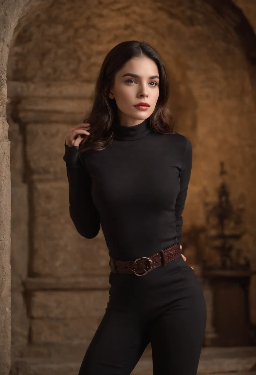 Emilia Gomez very horny, tall, Gorgeous, Spanish descent, Age 23, Smooth skin, Black hair. Turtleneck of red color, Black Fitting Pants, Simple Silver Cross Necklace, Work in an underground base, Highly detailed, 发光,  8K, Checking artifacts, holding a long whip. Amazing detail,