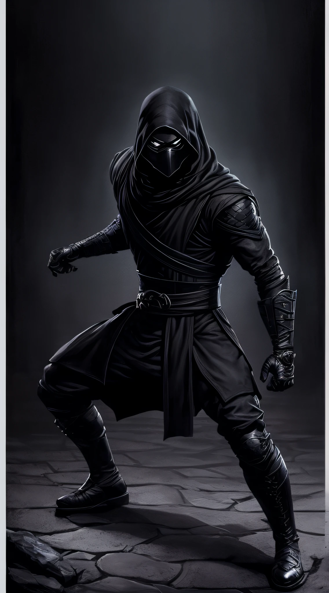 Noob Saibot from Mortal Kombat, fighting stance, shadowy figure wearing a black ninja outfit, black gloves, black boots, intricate, high detail, sharp focus, dramatic, photorealistic painting art by greg rutkowski