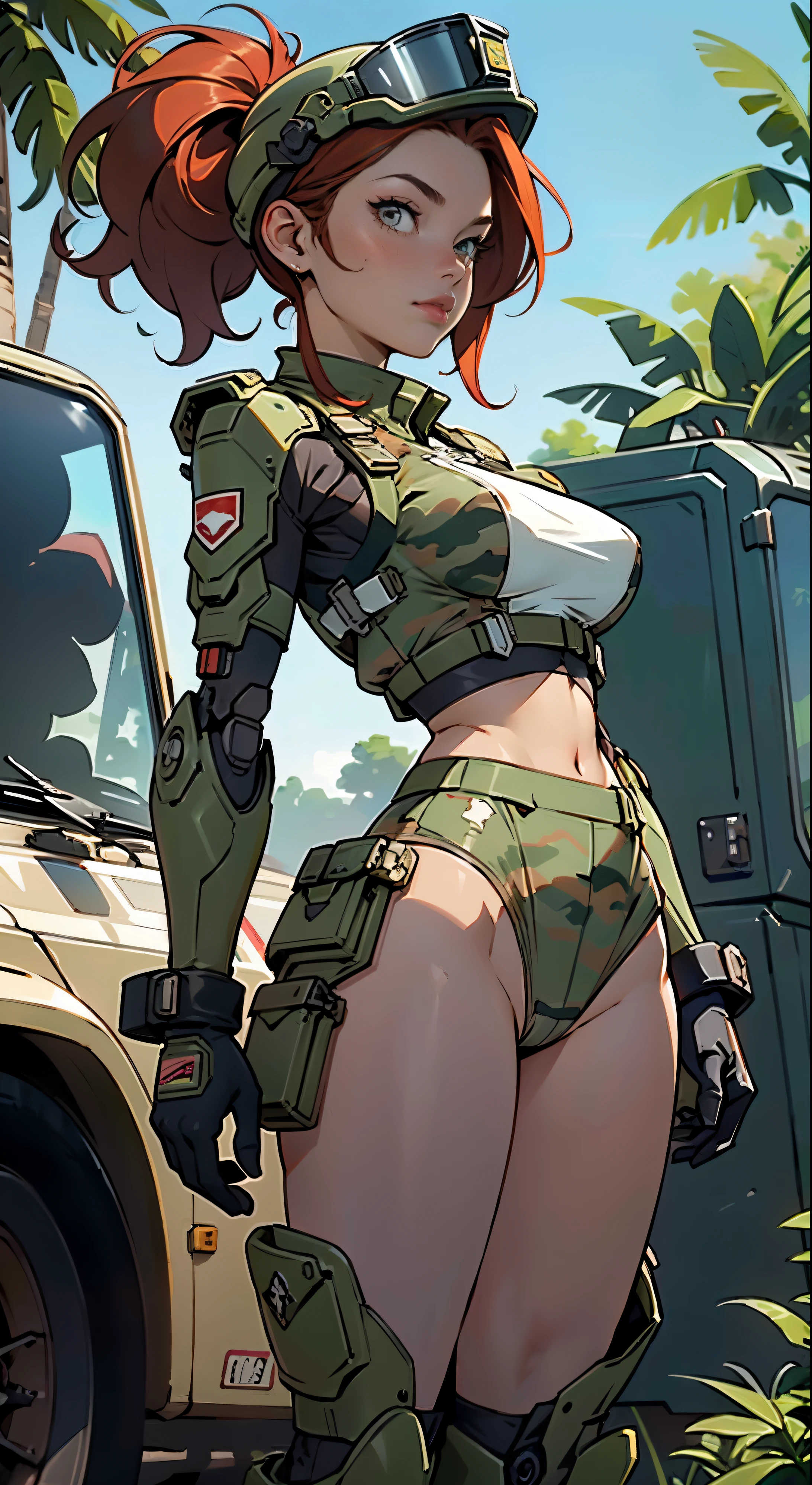 1woman 20 years old, max resolution, crisp lines, sculpted, military, wearing a soldier helmet, beautiful, perfect body, red hair, perfect body, thin waist, wide hips, large breasts, slim thighs, jungle background, armored vehicle, flying fighters, military robot dog, camouflaged uniform, tight panties, head to toe, highly detailed, high resolution, perfect hands, rear view, turning around to see the viewer