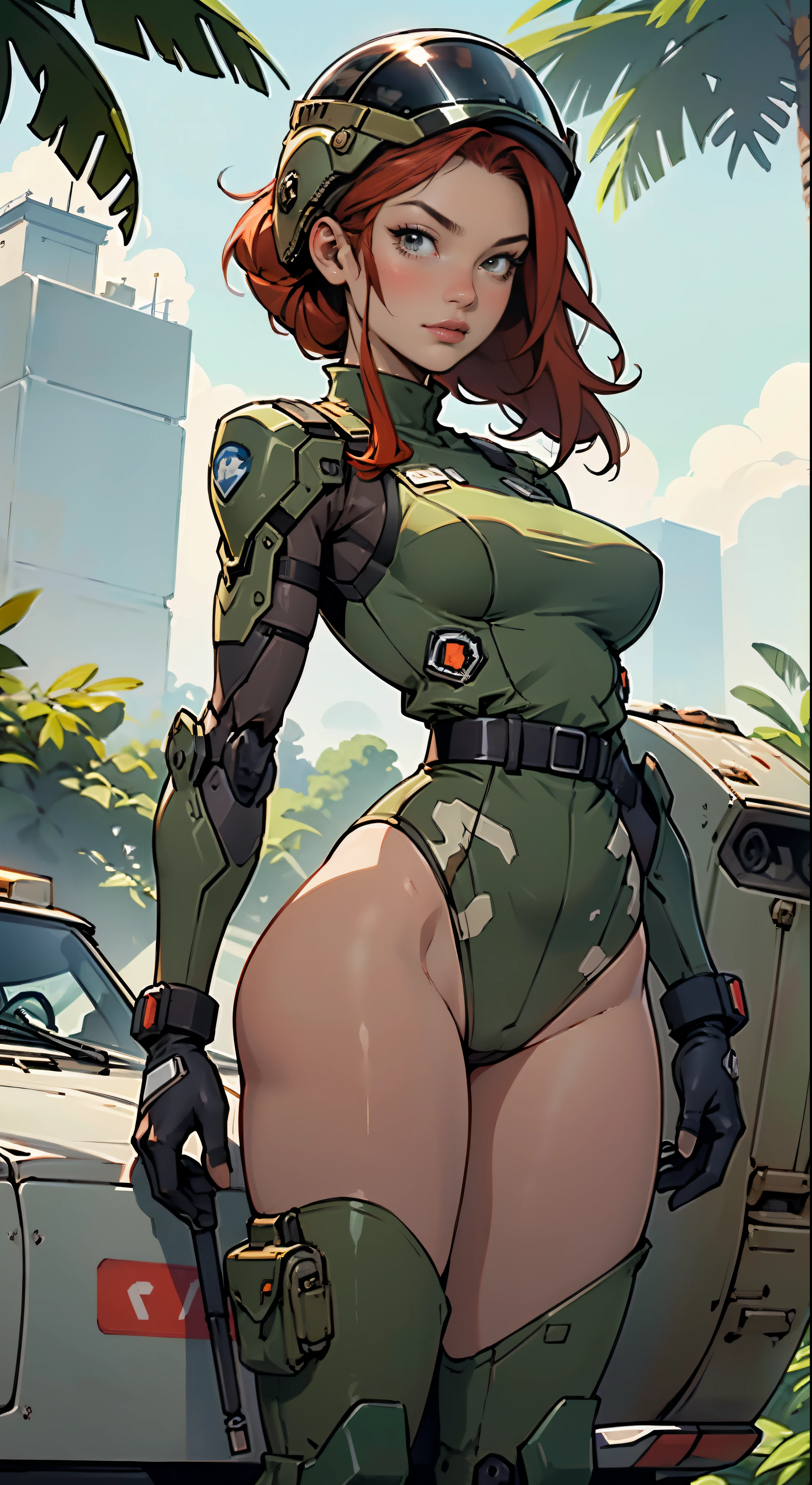 1woman 20 years old, max resolution, crisp lines, sculpted, military, wearing a soldier helmet, beautiful, perfect body, red hair, perfect body, thin waist, wide hips, large breasts, slim thighs, jungle background, armored vehicle, flying fighters, military robot dog, camouflaged uniform, tight panties, head to toe, highly detailed, high resolution, perfect hands, rear view, turning around to see the viewer