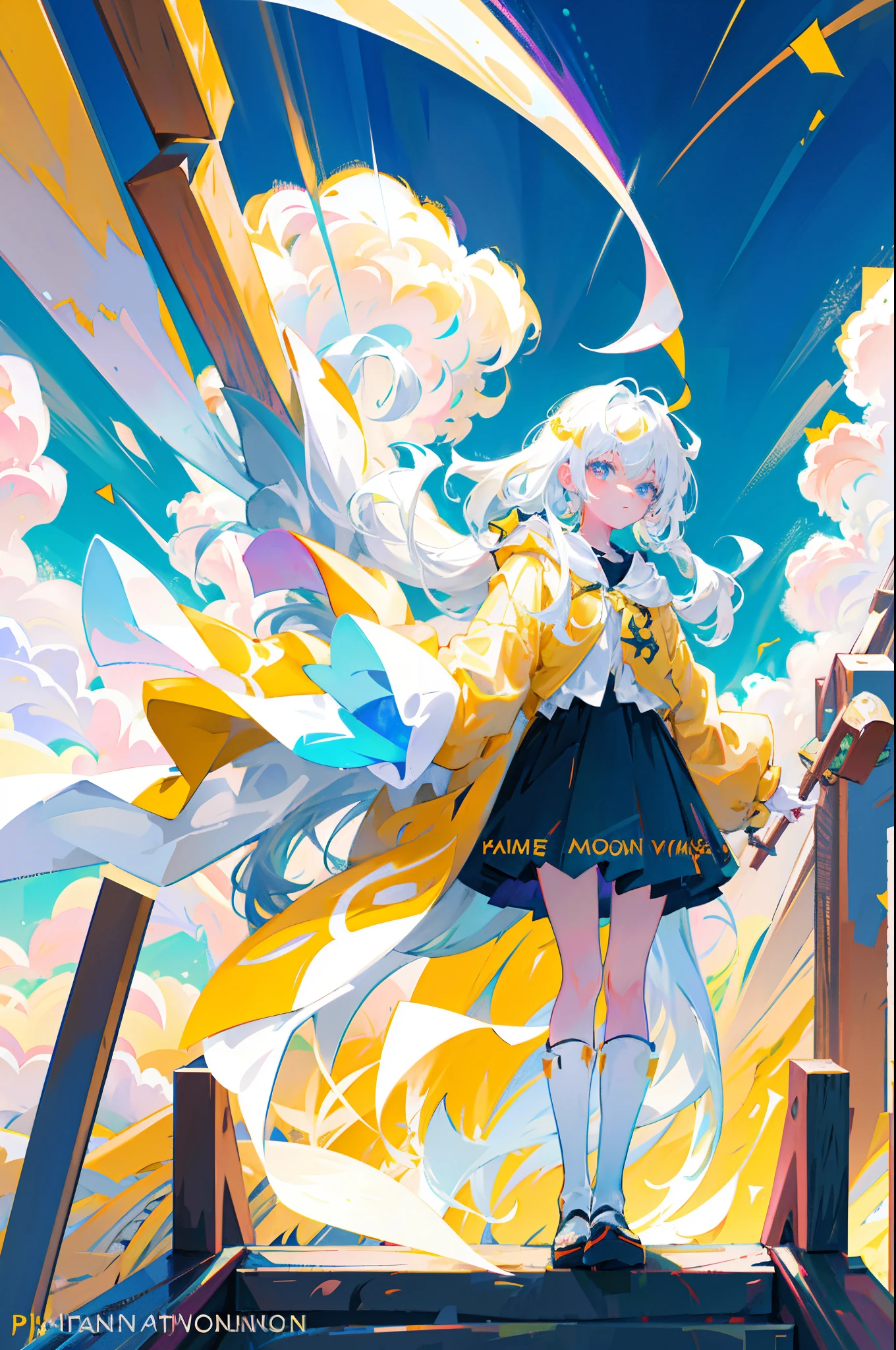 Anime girl with long white hair and a yellow cloak holds a yellow object, style of anime4 K, white haired god, Anime art wallpaper 8k, best anime 4k konachan wallpaper, anime fantasy illustration, anime art wallpaper 4k, anime art wallpaper 4k, Trending on ArtStation pixiv, digital art on pixiv, zerochan art, Anime Illustration