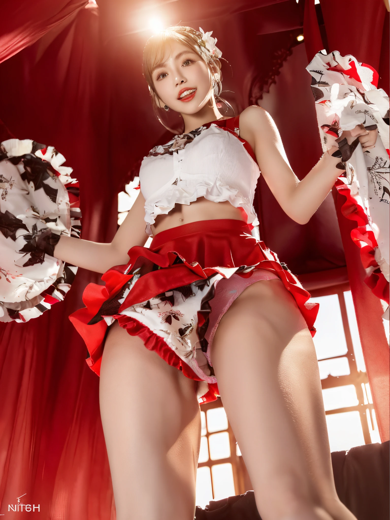 (((low angle shot from below)))、(((Lifting skirt while standing to show off panties to camera)))、(((Tiny red string panties、Cute)))、ultra-detailliert、​masterpiece、top-quality、超A high resolution、8K high image quality、Photogenic clarity、A detailed eye、gradients、perfect anatomy body proportions ,hard disk、nffsw , Nikon Z9 80mm Lens 、masutepiece、Model Standing、独奏、Detailed panty patterns、Detailed and clear panty pattern、(((Bright red mini ruffle skirt)))、Tube top made of the finest silk material、High heels in bright red exquisite enamel material、Crouching、Opening legs、(((panties off)))、(((Lift skirt hem)))、panties focus、(((Beautiful alignment and snow-white teeth)))、(((Lift the skirt wide,、Show your panties to the camera)))、Ultra slim body Gcup bust、Body shape of slim model、Beautiful posture、、No bra、sexypose、Blonde twintails、、Looking at the camera、