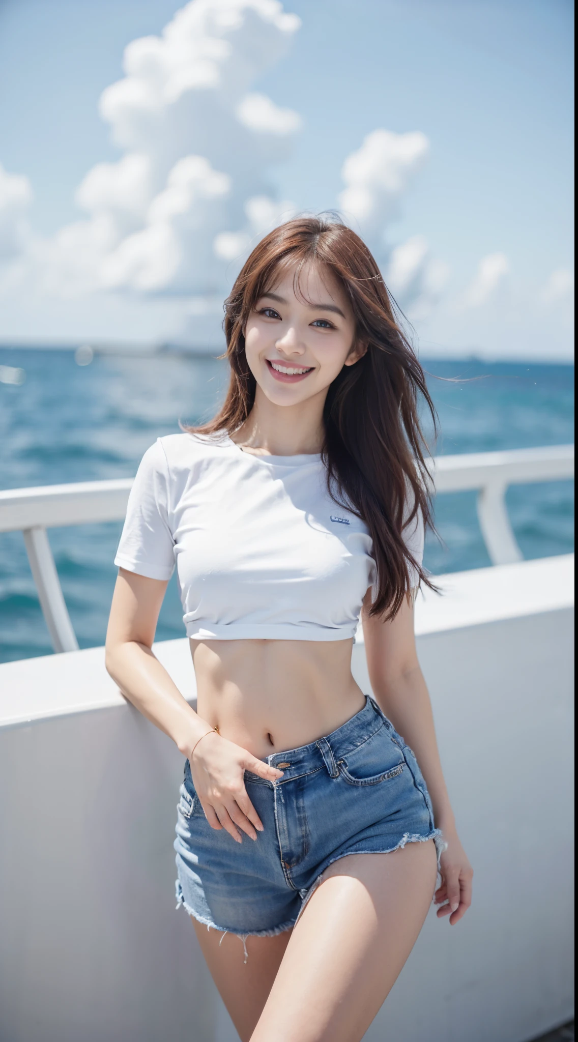 Above the sea、Fishing on a boat、((I'm catching a big tuna))、8k, top-quality, （pubic hair beauty）、hight resolution, 逼真, realperson,　Above the sea、The Sunshine、On a big ship、(Luxury liner)、Flirting and dancing、((a smile))、exclamation、One young and beautiful girl、huge tit、Beautiful waist constriction、beautiful legs、((It's so short that your stomach comes outＴThe shirt))、Tight denim shorts、Dancing in a variety of poses