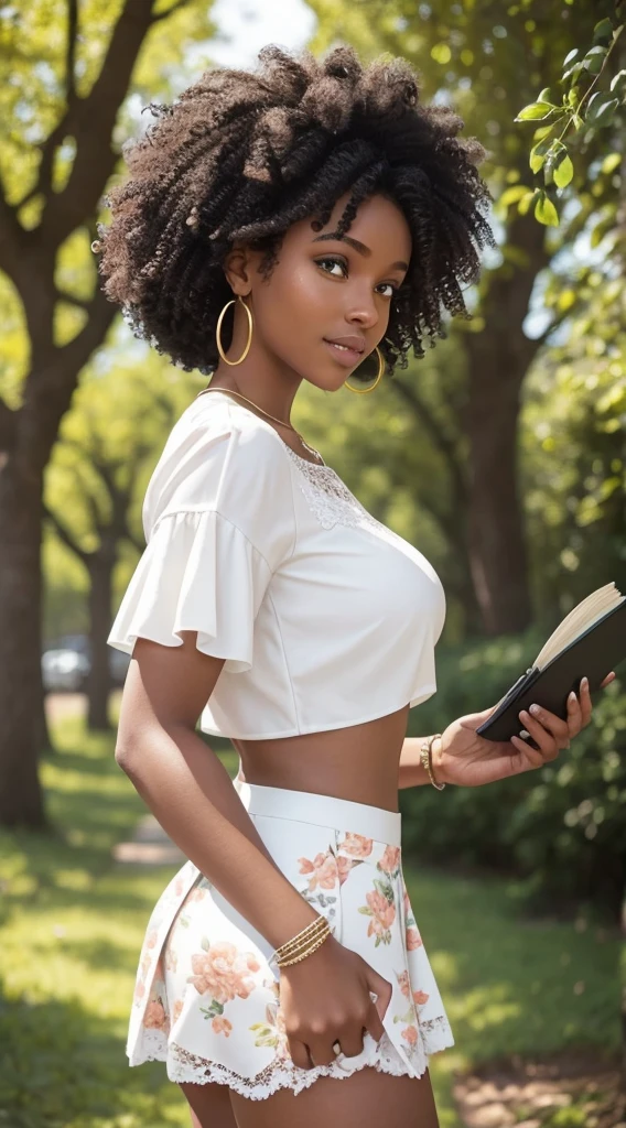 I imagine a young black woman, 5 feet tall, with curly hair that falls delicately over her shoulders, with graceful bangs standing out. His eyes, surprisingly, are an intense green, contrasting beautifully with the tone of his skin. Her mouth is full and delicate, highlighting a charming smile. Her large, proportionate breasts in a beautiful neckline, her large butt and her toned legs. She wears a white cropped blouse with lace details, paired with a colorful floral print midi skirt and comfortable white sneakers. The surrounding environment is sunny, with trees and flowers that complement the light atmosphere. She's in a relaxed pose, perhaps holding a book or fiddling with an electronic device, giving off a laid-back, modern vibe. Random details include a delicate bracelet on the wrist and a small hoop piercing in the ear.