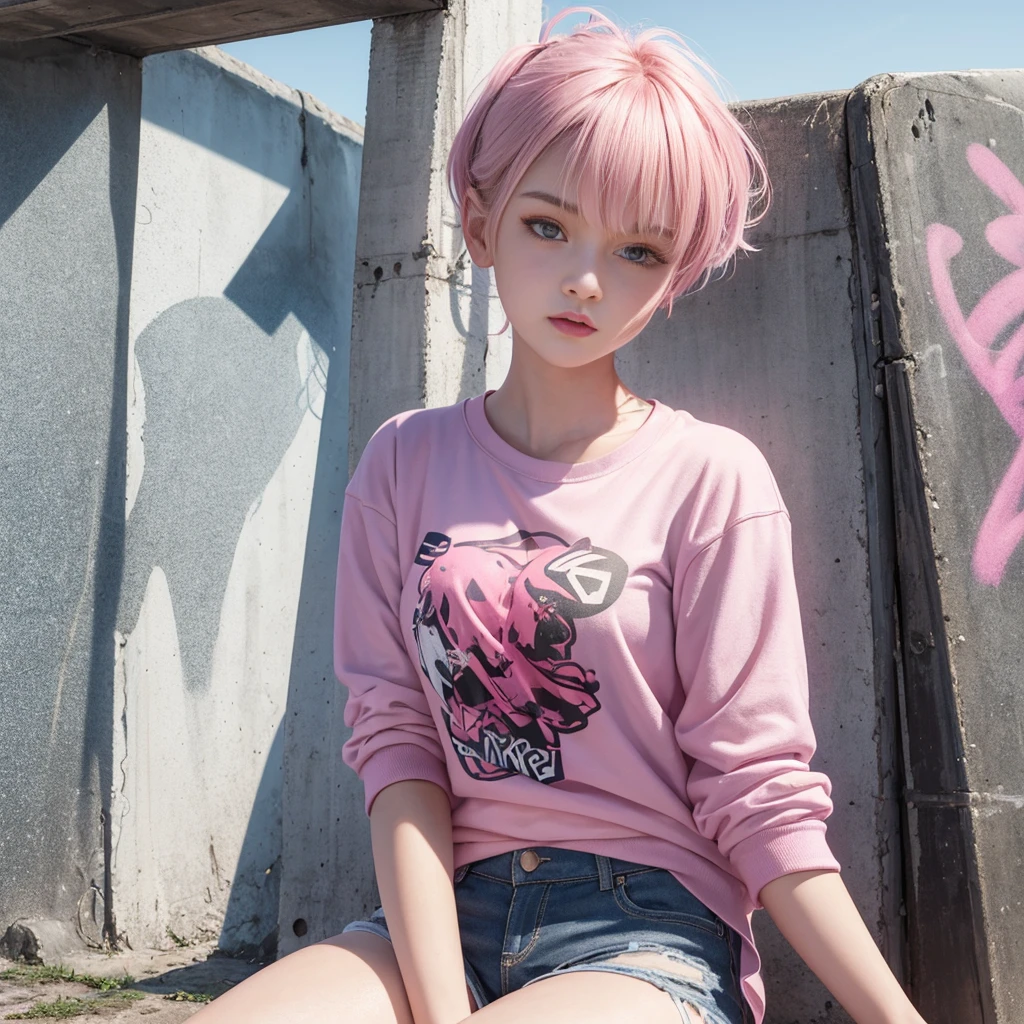 Digital Illustration, Extreme Detail, 4k, 3D realistic teenage woman with short hair, pink t-shirt, white jacket, shorts, wearing gloves, holding a cigarette, sitting under the bridge in front of a spray-painted graffiti wall scattered in the afternoon atmosphere