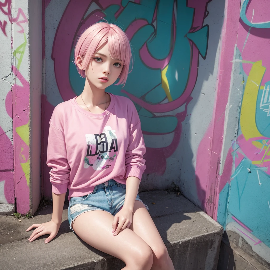 Digital Illustration, Extreme Detail, 4k, 3D realistic teenage woman with short hair, pink t-shirt, white jacket, shorts, wearing gloves, holding a cigarette, sitting under the bridge in front of a spray-painted graffiti wall scattered in the afternoon atmosphere