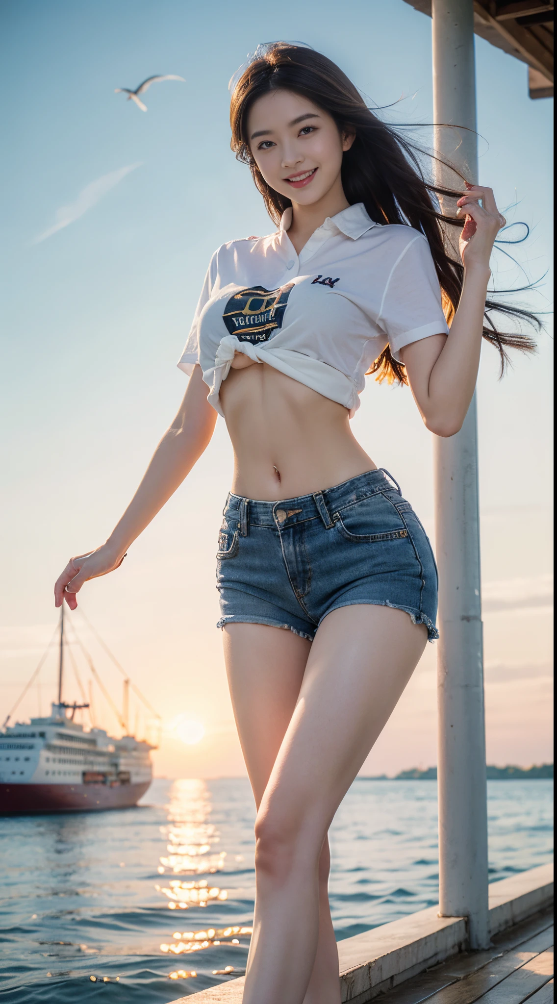 Above the sea、Fishing on a boat、((I'm catching a big tuna))、8k, top-quality, (pubic hair beauty)、hight resolution, 逼真, realperson, Above the sea、The Sunshine、On a big ship、(Luxury liner)、Flirting and dancing、((a smile))、exclamation、One young and beautiful girl、huge tit、Beautiful waist constriction、beautiful legs、((It's so short that your stomach comes outTThe shirt))、Tight denim shorts、Dancing in a variety of poses