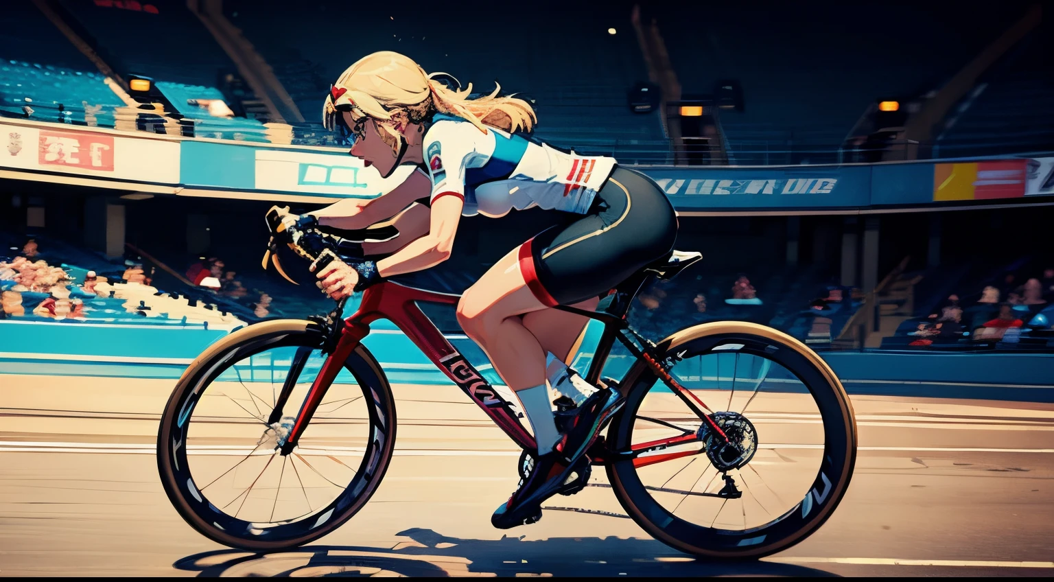 Chip Zdarsky, Matt Fraction, Edith Rimmington, Surreal, mysterious, strange, fantastical, fantasy, Sci-fi, Japanese anime, Alice, a beautiful blonde miniskirt girl who races with bicycle racers, perfect voluminous body, long flowing hair, running at breakneck speed around the velodrome, dynamic action, sweating hard as she pedals her bike, looks like she's having fun, sweating, detailed masterpiece depth of field cinematic lighting hand drawings