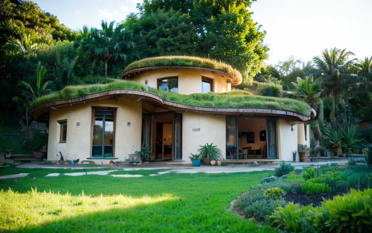 A photograph of a symmetrical contemporary house with (((one waved green roof))) and (((biological pool))) in a tropical backyard, mustard yellow terracota plaster walls (((rustic clay stucco))), ((corner walls rounded)), ((rustic clay plaster)), (((terracotta walls with rounded corners, organic curves))), (((rustic earth plaster, mud))), (((wave-shaped green roof with wooden edge))), (((wooden roof structure, wooden rake, wooden fascia board))), eaves, porch with wooden pillar, ((roof with wooden structure)), In Bali (((Tropical garden))), ((natural houses, organic buildings, organic architecture)), Ecovillage, sustainable architecture, Bioconstruction architecture, solarpunk architecture, (((grass roof, green roof, green wave roof, rounded roof, vegetated roofs))), ((green architecture)), Passive house, (((Rock Foundation))), Clear sky in the background, painful beauty, modern, imposing, green house, ((Bali hobbit Hadid Style)), super resolution, cinematic, color grading, editorial photography, photography, photo shoot, (((dramatic front eye top angle view))), O 50mm, depth of field, intricate details, natural colors, sharp focus, warm light, shutter speed 1/1000, F/22, White Balance, Ray Trace Reflections, Lumen Reflections, Screen Space Reflections, Diffraction Rating, Chromatic Aberration, GB Shift, Partial Lighting, Backlighting, Daylighting, Scan Lines, ambient occlusion, antialiasing, shaders, OpenGL-Shaders, GLSL-Shaders, Post-processing, post-production, shading, tone mapping, incredibly detailed and complex, hypermaximalist, elegant, hyperrealistic, super detailed, dynamic pose, Fujifilm XT
