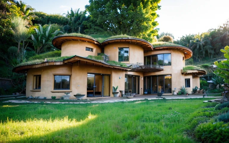 A photograph of a symmetrical contemporary house with (((one waved green roof))) and (((biological pool))) in a tropical backyard, mustard yellow terracota plaster walls (((rustic clay stucco))), ((corner walls rounded)), ((rustic clay plaster)), (((terracotta walls with rounded corners, organic curves))), (((rustic earth plaster, mud))), (((wave-shaped green roof with wooden edge))), (((wooden roof structure, wooden rake, wooden fascia board))), eaves, porch with wooden pillar, ((roof with wooden structure)), In Bali (((Tropical garden))), ((natural houses, organic buildings, organic architecture)), Ecovillage, sustainable architecture, Bioconstruction architecture, solarpunk architecture, (((grass roof, green roof, green wave roof, rounded roof, vegetated roofs))), ((green architecture)), Passive house, (((Rock Foundation))), Clear sky in the background, painful beauty, modern, imposing, green house, ((Bali hobbit Hadid Style)), super resolution, cinematic, color grading, editorial photography, photography, photo shoot, (((dramatic front eye top angle view))), O 50mm, depth of field, intricate details, natural colors, sharp focus, warm light, shutter speed 1/1000, F/22, White Balance, Ray Trace Reflections, Lumen Reflections, Screen Space Reflections, Diffraction Rating, Chromatic Aberration, GB Shift, Partial Lighting, Backlighting, Daylighting, Scan Lines, ambient occlusion, antialiasing, shaders, OpenGL-Shaders, GLSL-Shaders, Post-processing, post-production, shading, tone mapping, incredibly detailed and complex, hypermaximalist, elegant, hyperrealistic, super detailed, dynamic pose, Fujifilm XT