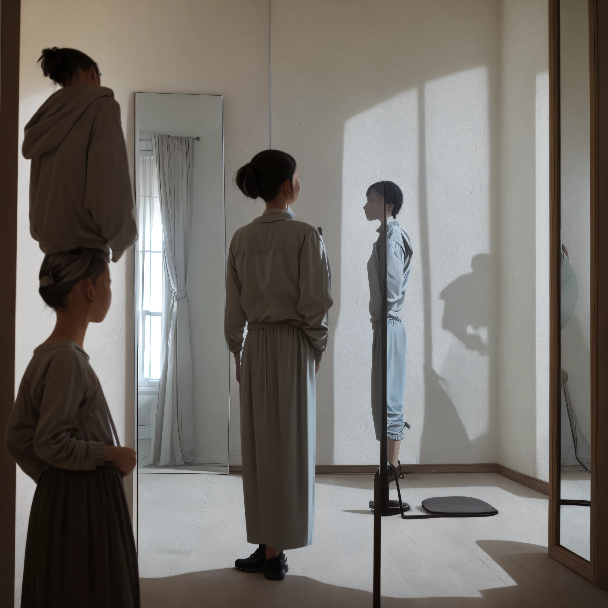 A person stands in front of a mirror as the mirror reflects their shadow