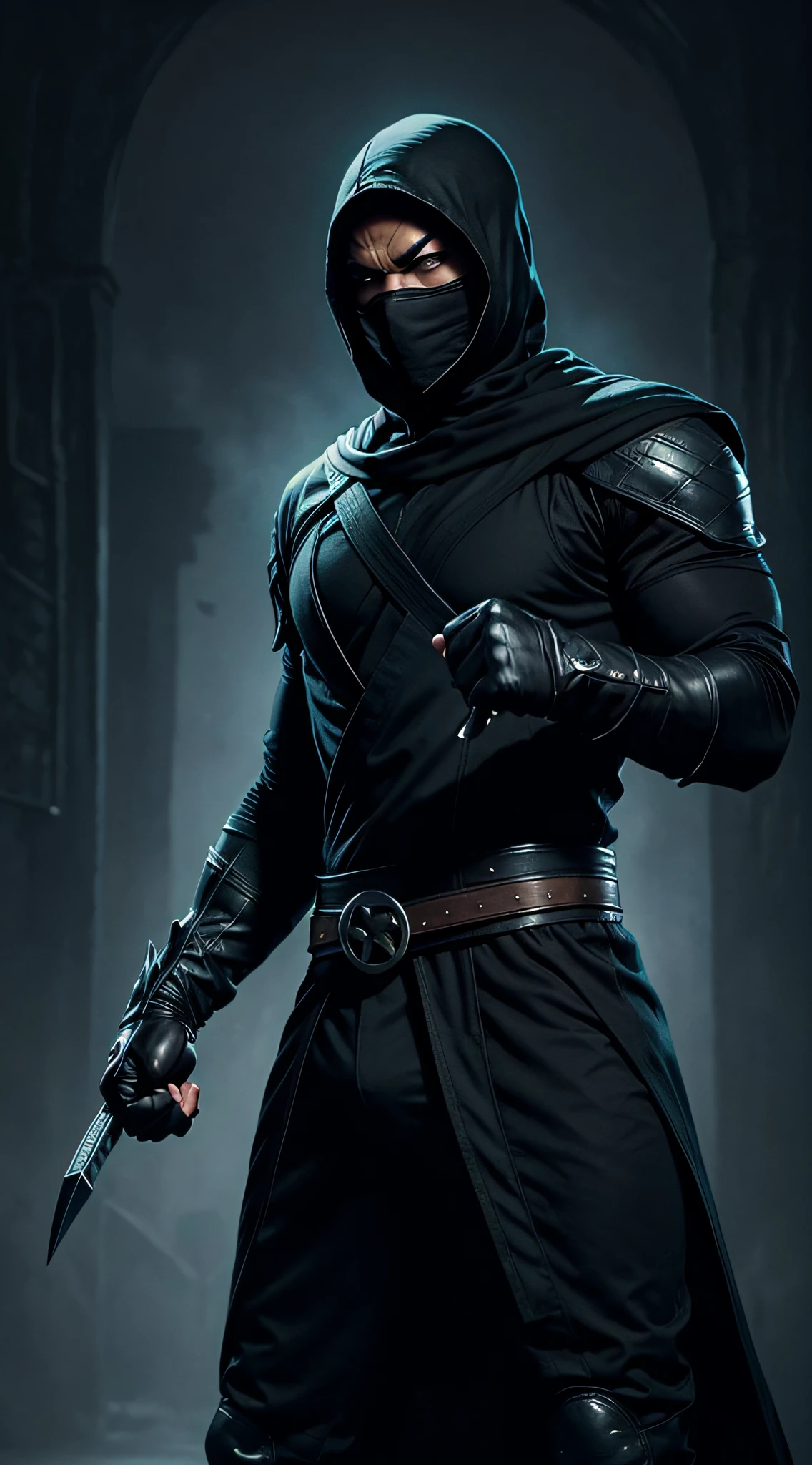 Noob Saibot from Mortal Kombat, fighting stance, shadowy figure wearing a black ninja outfit, black gloves, black boots, intricate, high detail, sharp focus, dramatic, photorealistic painting art by greg rutkowski